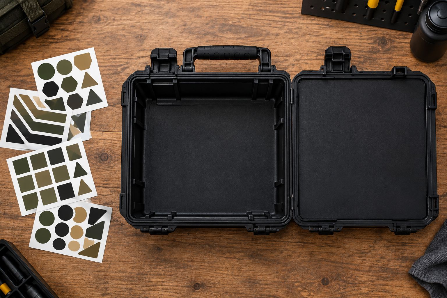 Toolbox with stickers on backing arranged beside a flat lid panel, clear of the handle and latch.