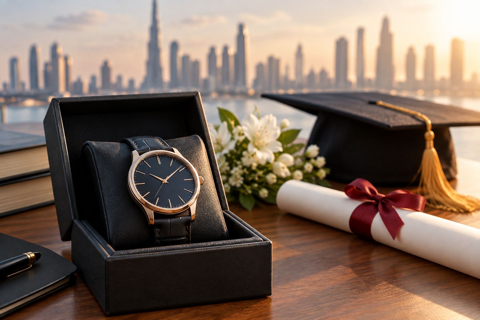 Luxury watch presented in a gift box beside a graduation cap
