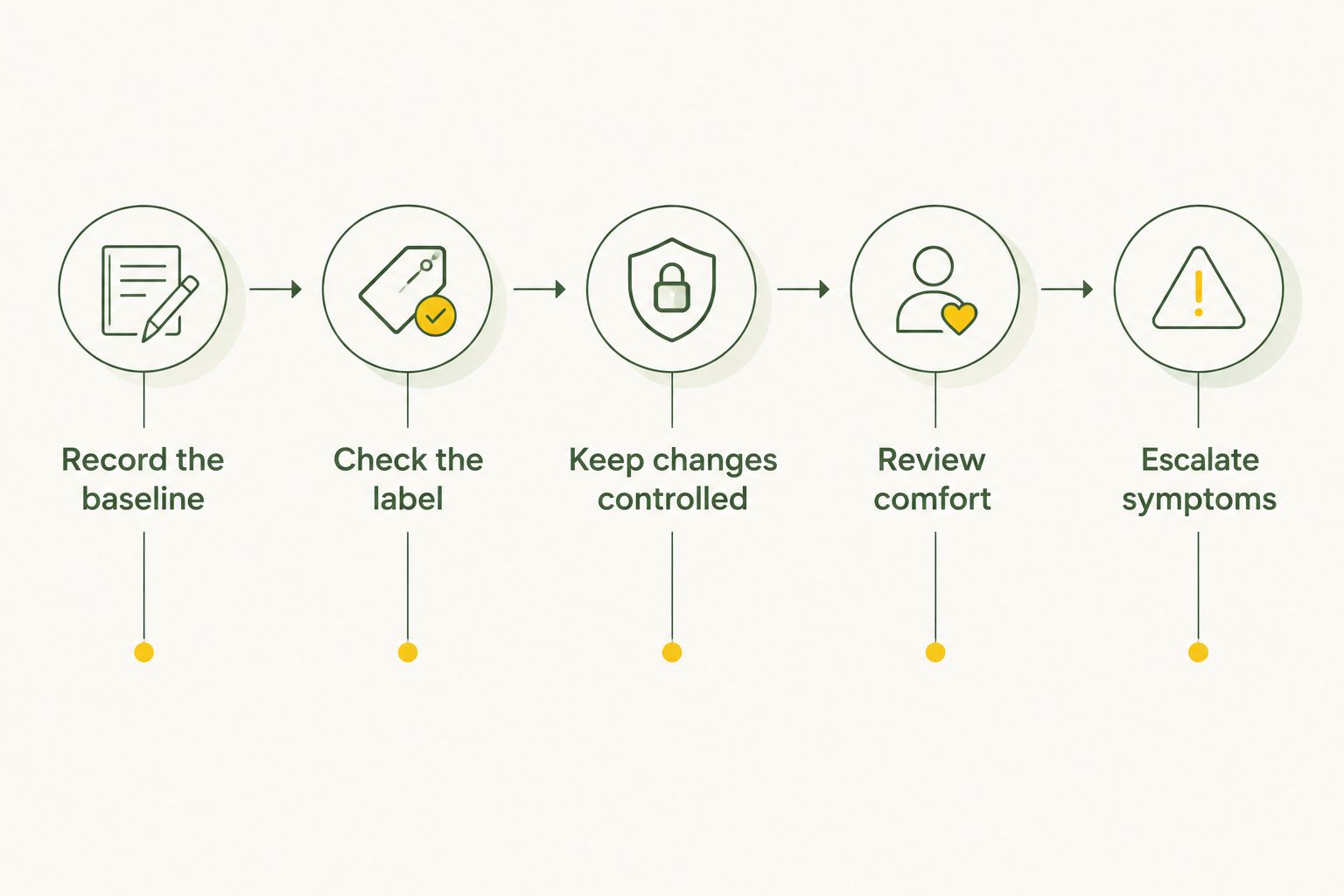 Five stages for checking a food change, from recording coat condition to seeking help for symptoms.