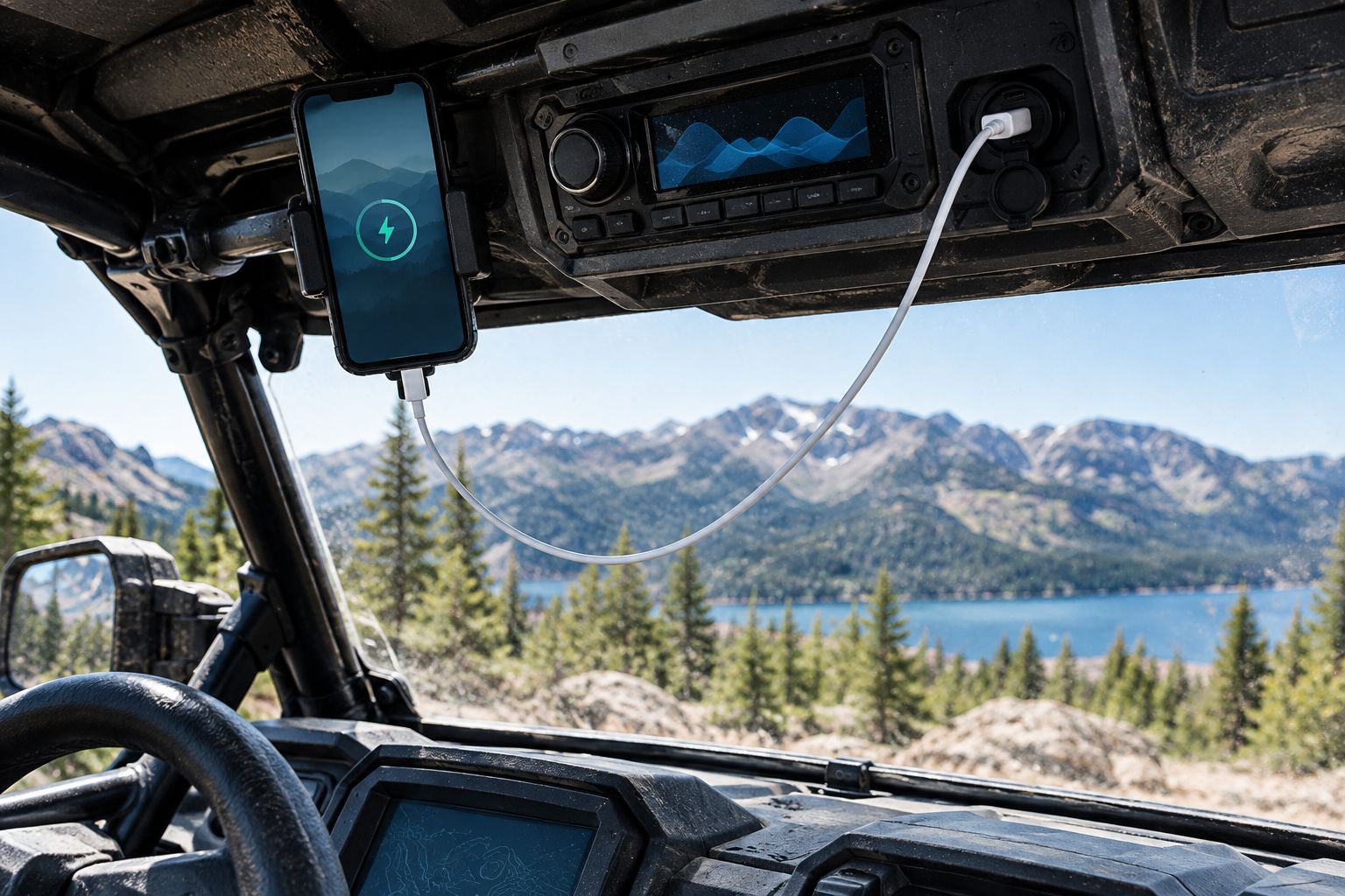 UTV cab interior with a phone mounted near an overhead stereo console