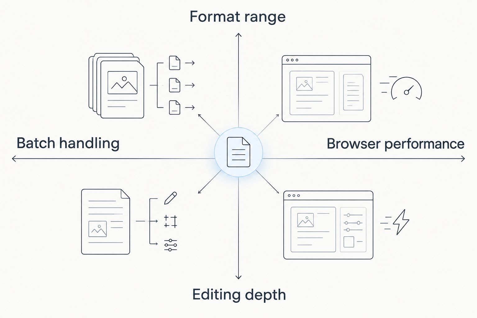 A 2x2 matrix showing PDF editor evaluation criteria