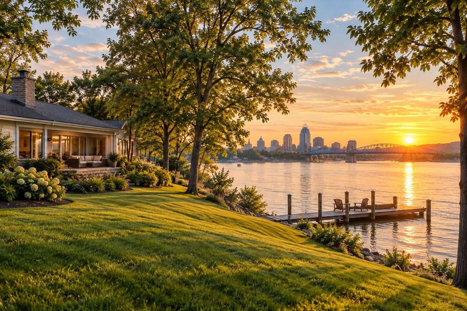 Riverside home with a lawn sloping to a dock on the Ohio River