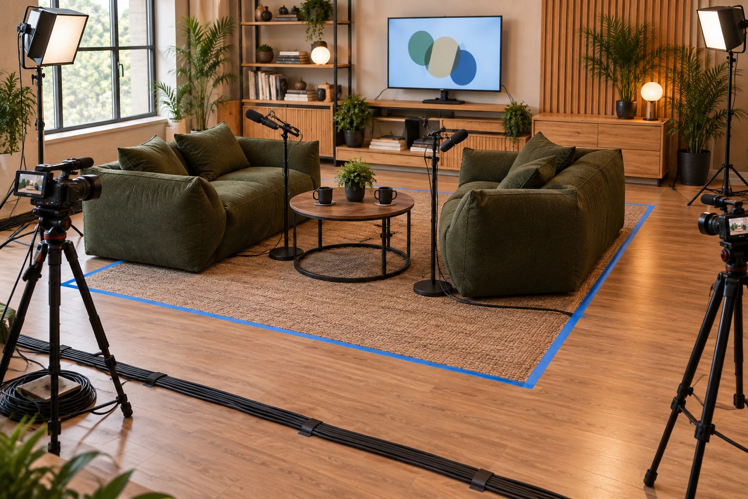 A taped sofa footprint with camera stands, microphones, and a clear walking route