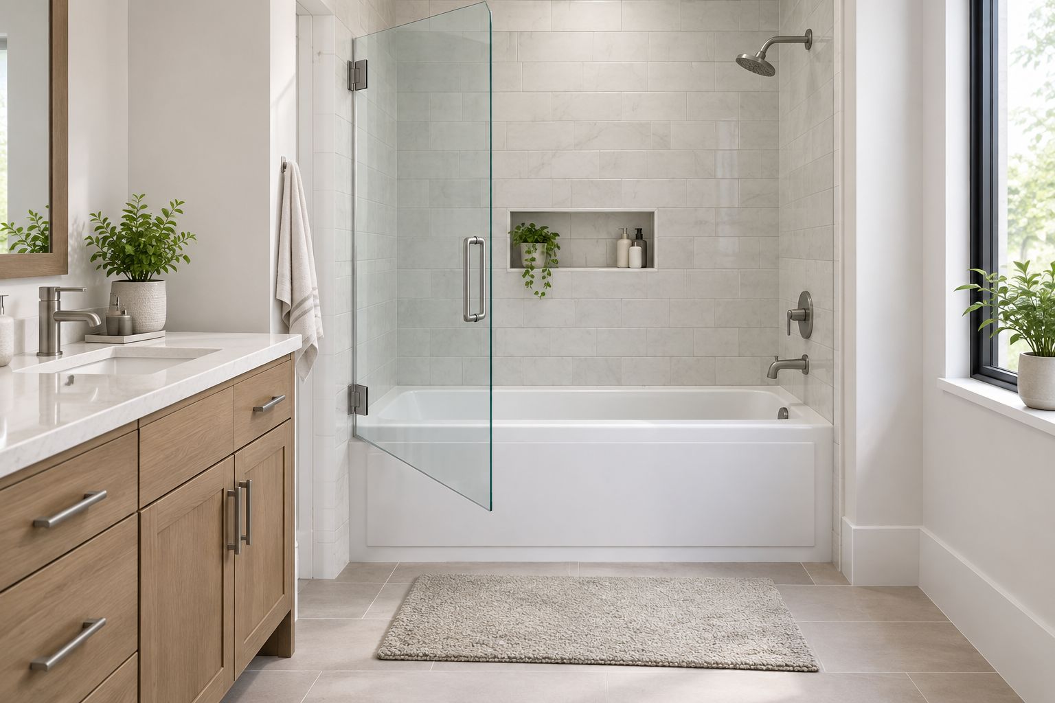 Hinged glass bathtub door opening into the space beside a vanity
