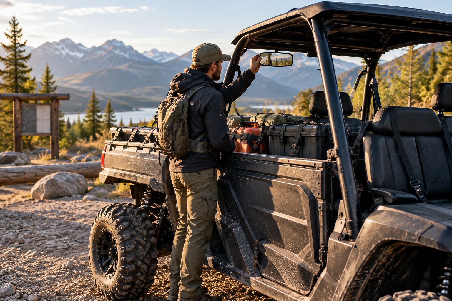 Guide checking a parked UTV’s mirror and secured cargo before a trail departure