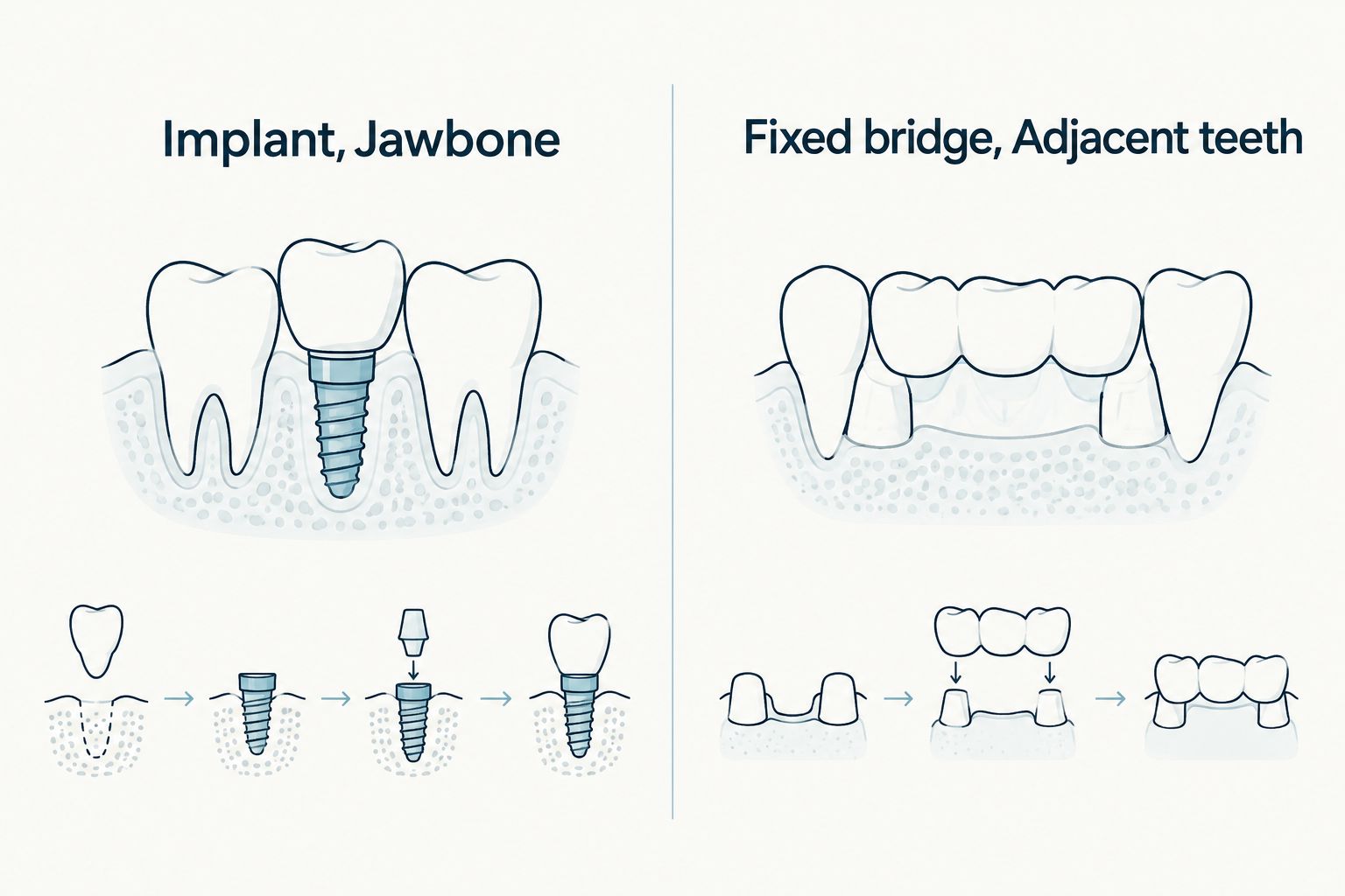 Comparison of an implant supported by the jawbone and a fixed bridge supported by adjacent teeth
