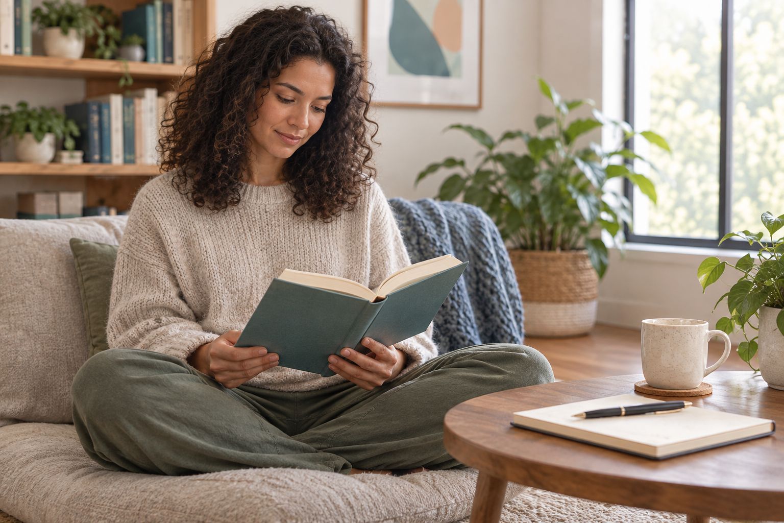 Person reading a trauma-focused self-help book in a quiet home reading nook