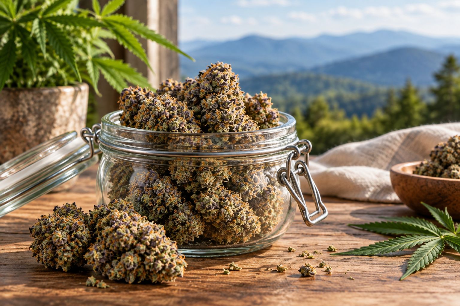 Dried THCA flower buds in an open glass jar