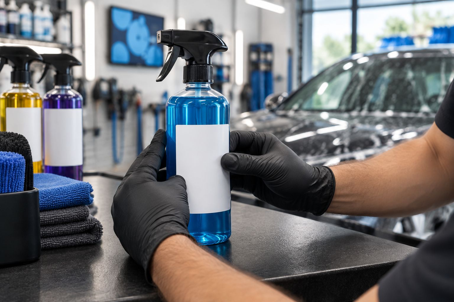 Gloved hands applying a blank label to a dry spray bottle on a workbench