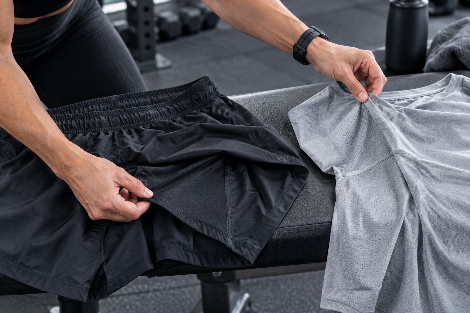 Hands inspecting the inside seams of running shorts and a training shirt