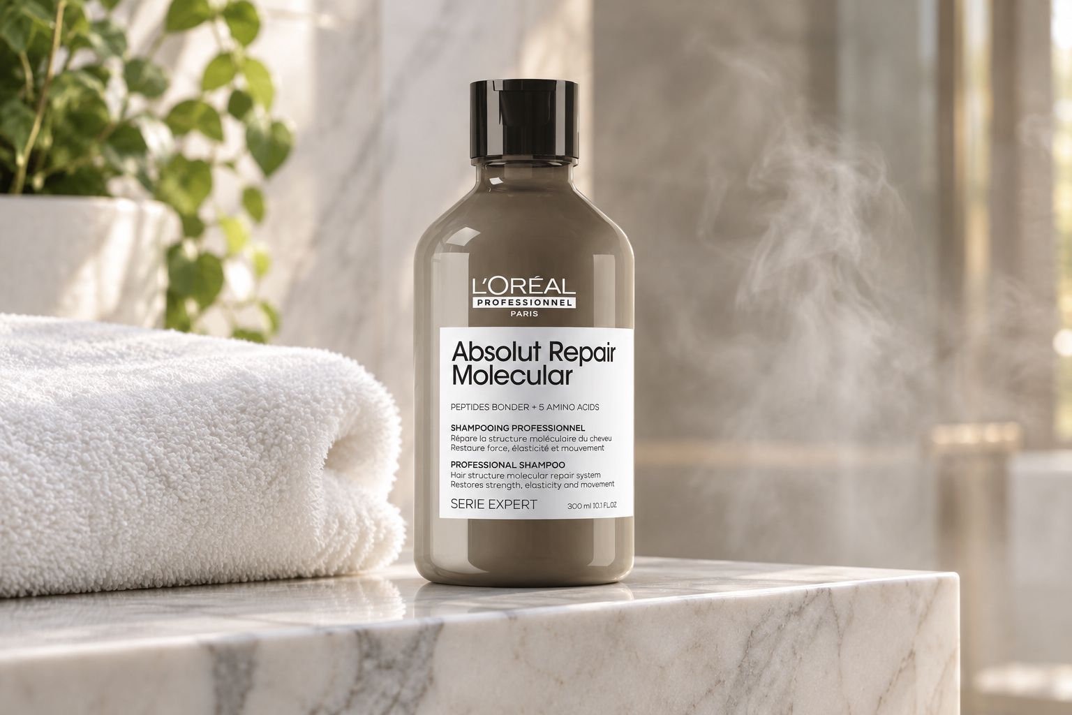 L'Oréal Professionnel Absolut Repair Molecular Shampoo bottle on a bathroom shelf