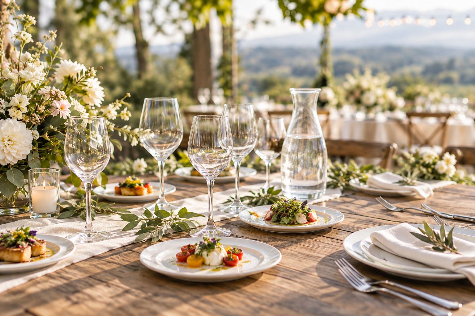 Bottle-free wedding tasting table with empty wine glasses, food samples, water, and cloth napkins
