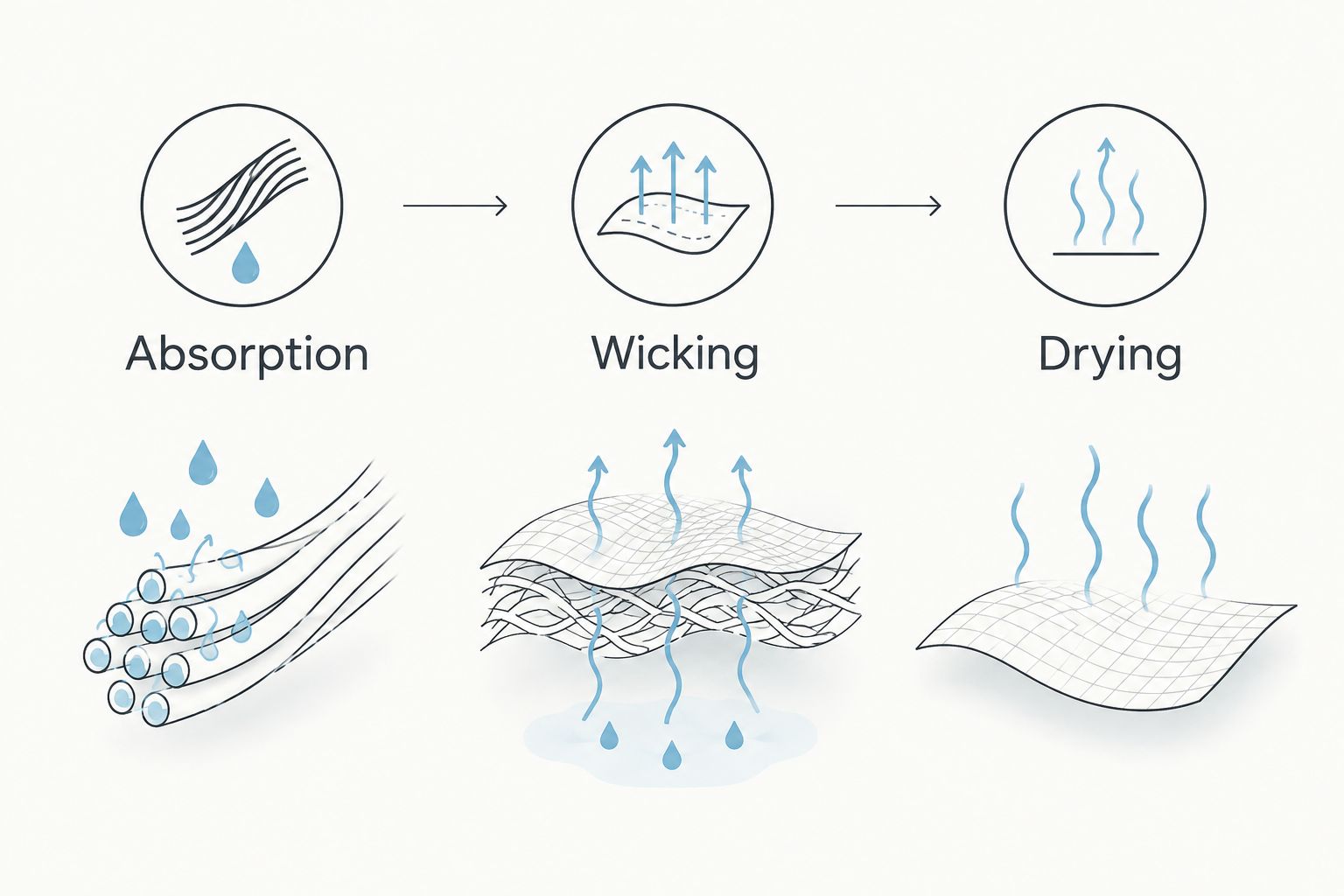 Three columns distinguish moisture absorption, liquid wicking and drying.