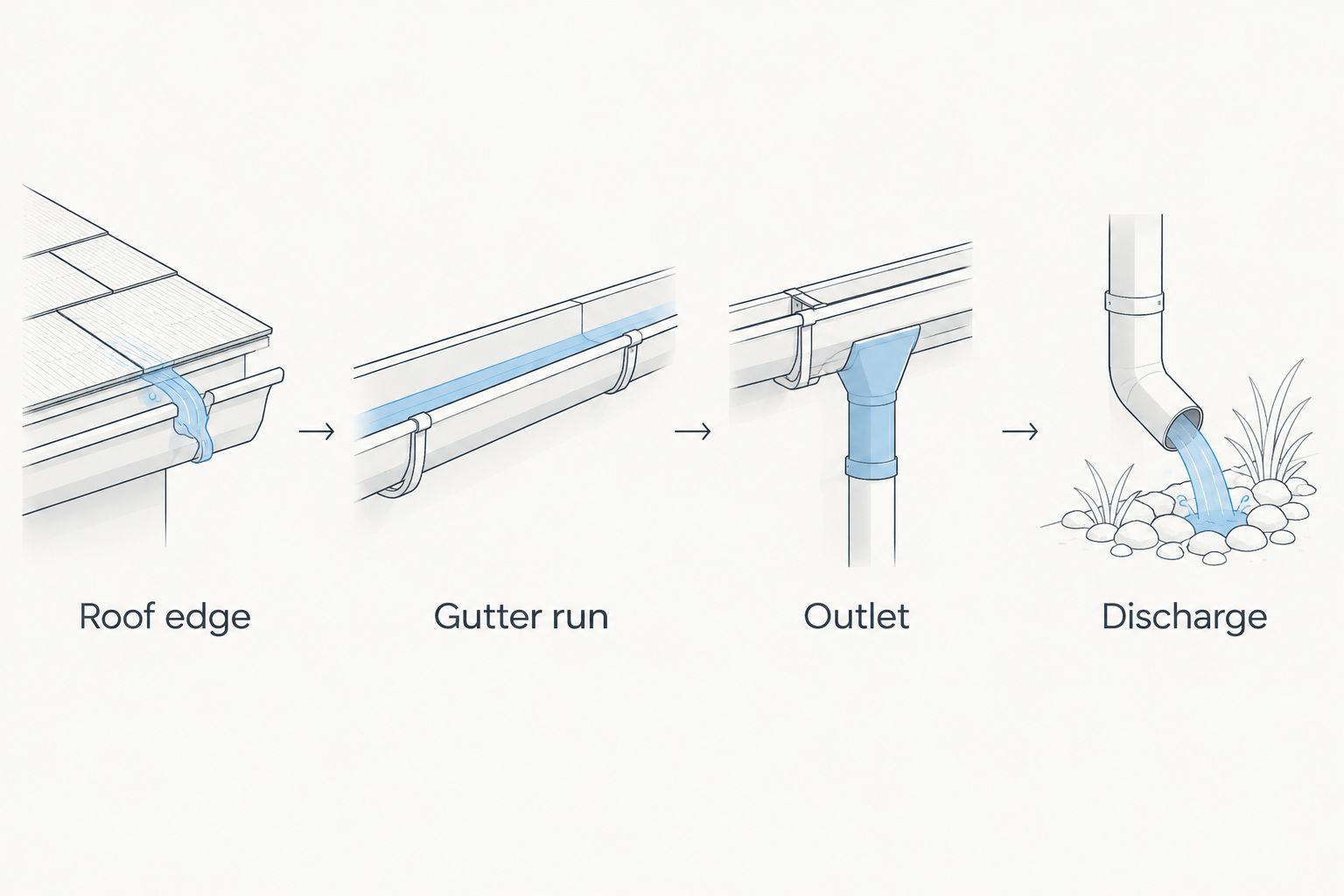 Roof runoff moving from the roof edge through a gutter run and outlet to the discharge point