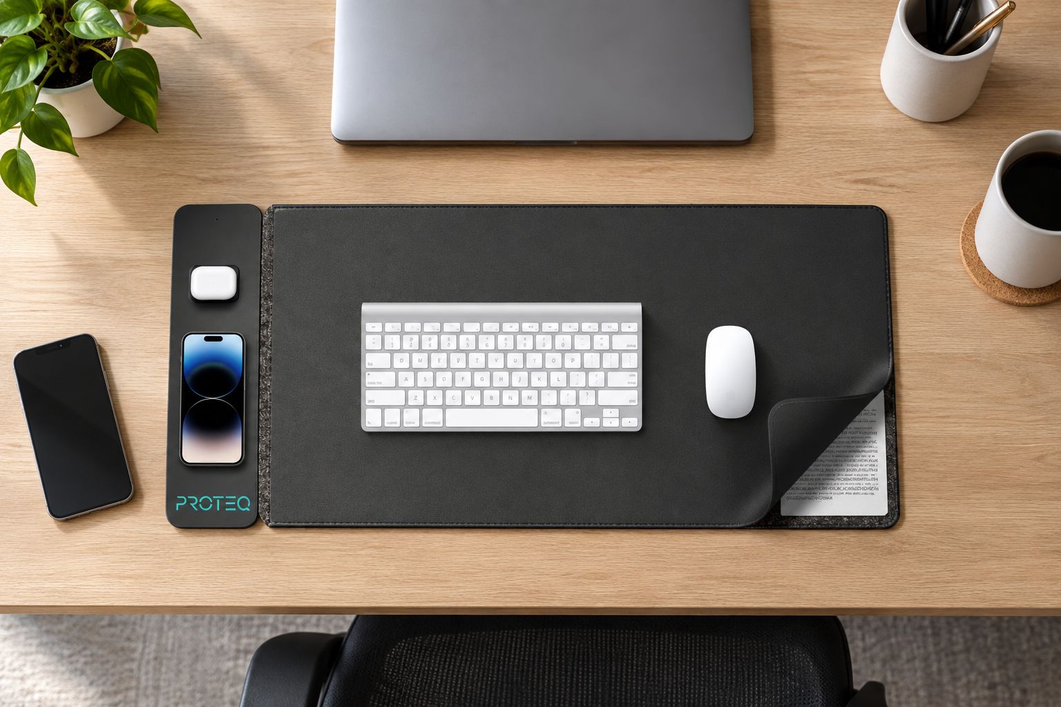 Wireless charging desk mat arranged beside a laptop, mouse and phone