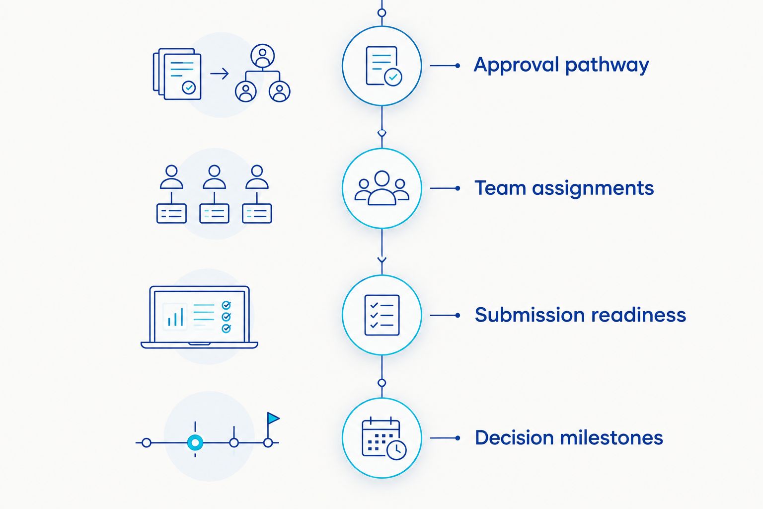 Four coordination phases from approval pathway through decision milestones