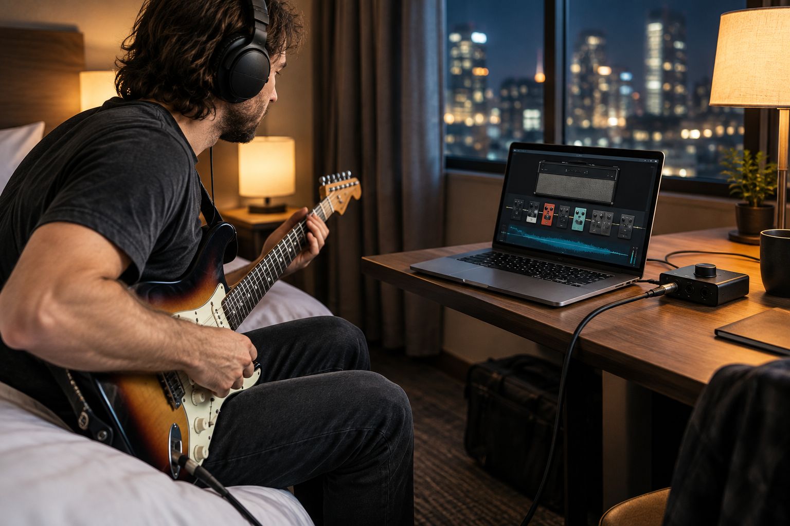 Musician practicing guitar through headphones and a laptop in a hotel room