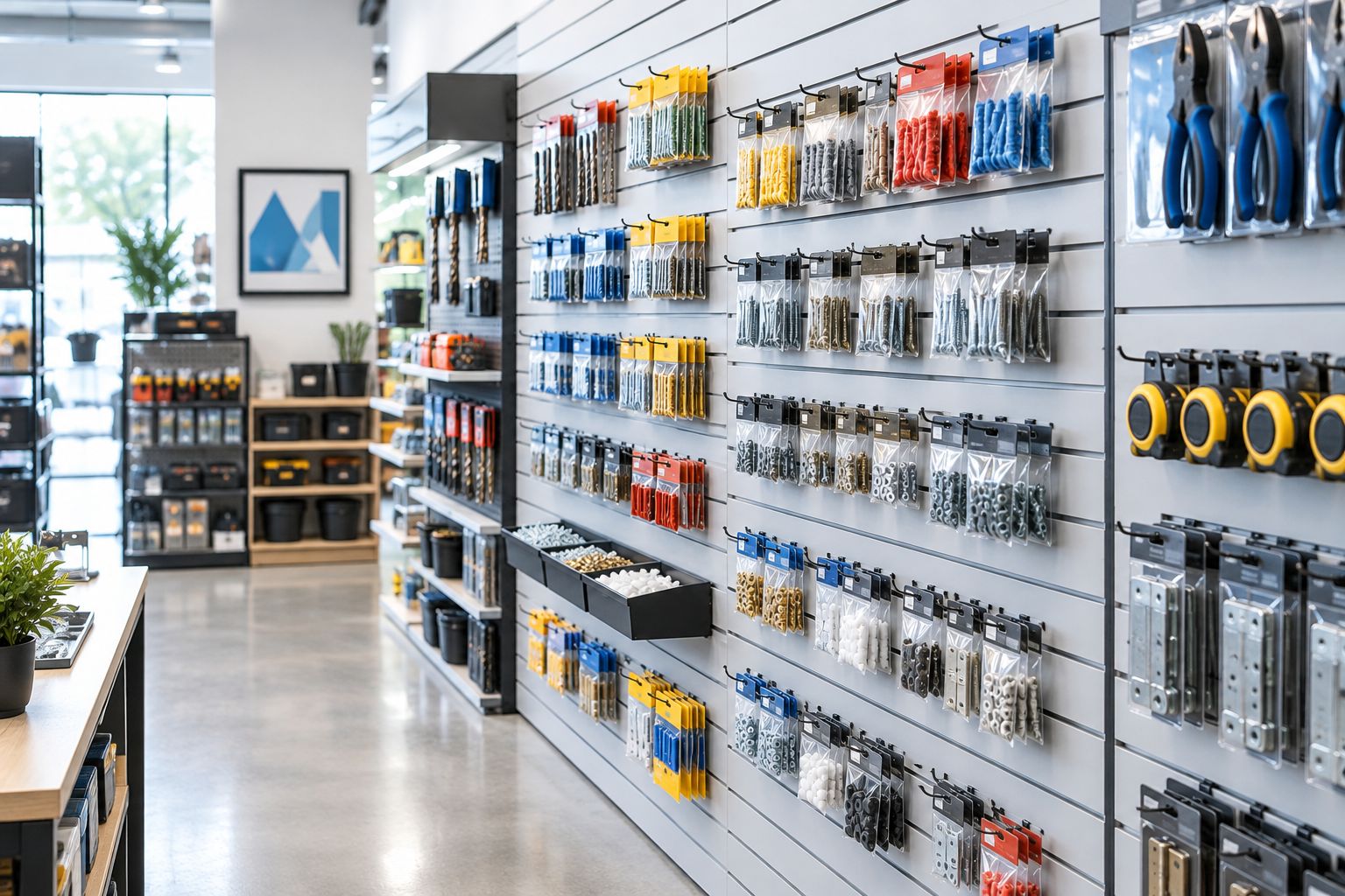 Hardware packets separated on a slatwall display with clear floor space in front