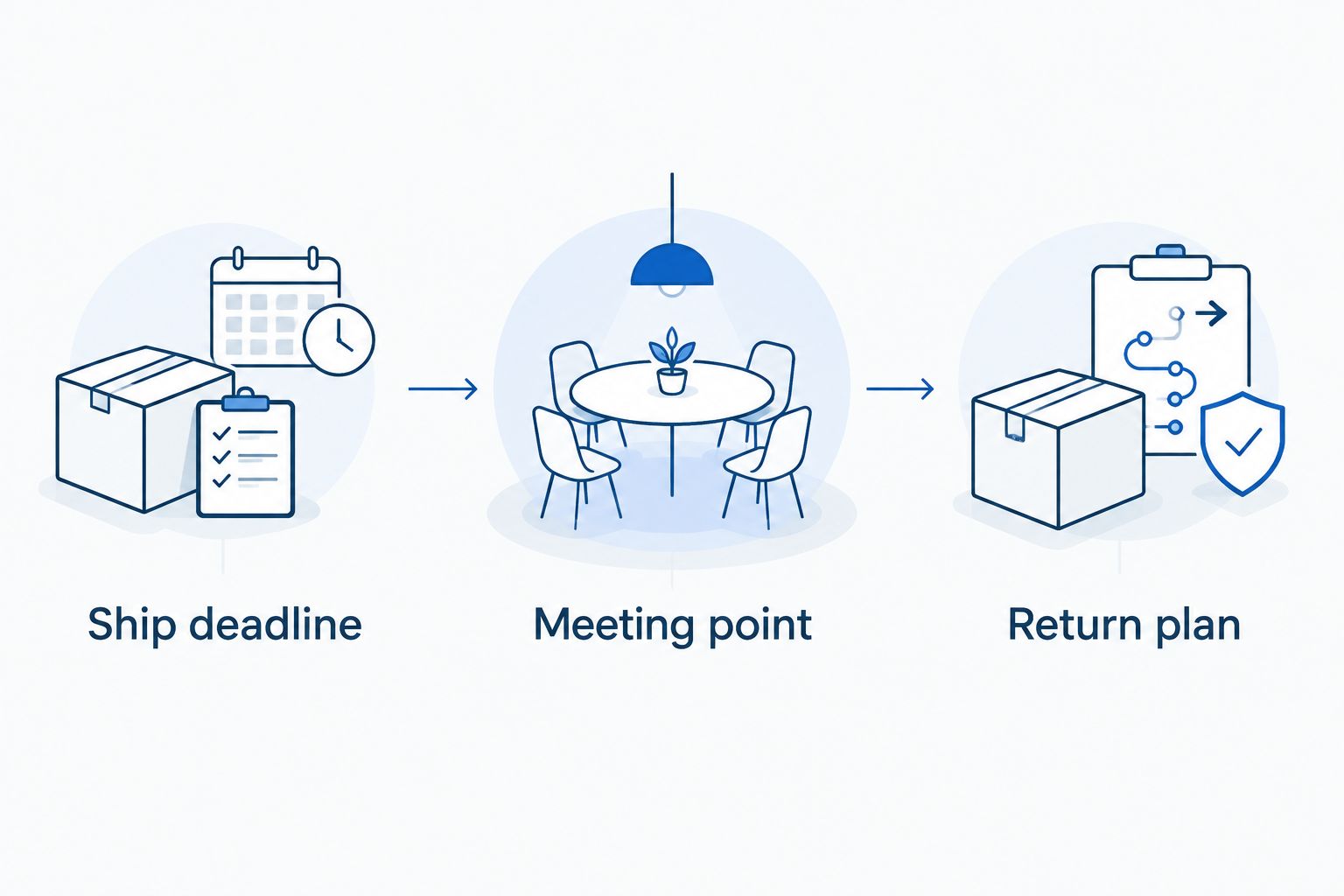 Three planning checkpoints: ship deadline, meeting point and return plan
