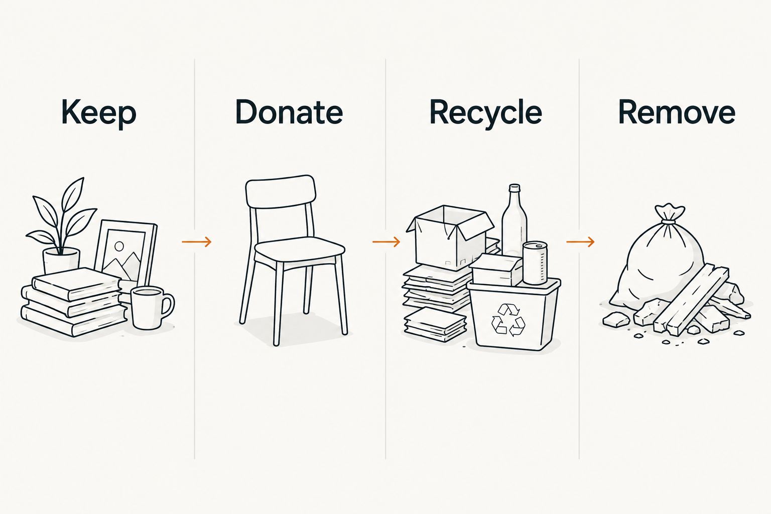 Four cleanout categories: keep, donate, recycle, and remove