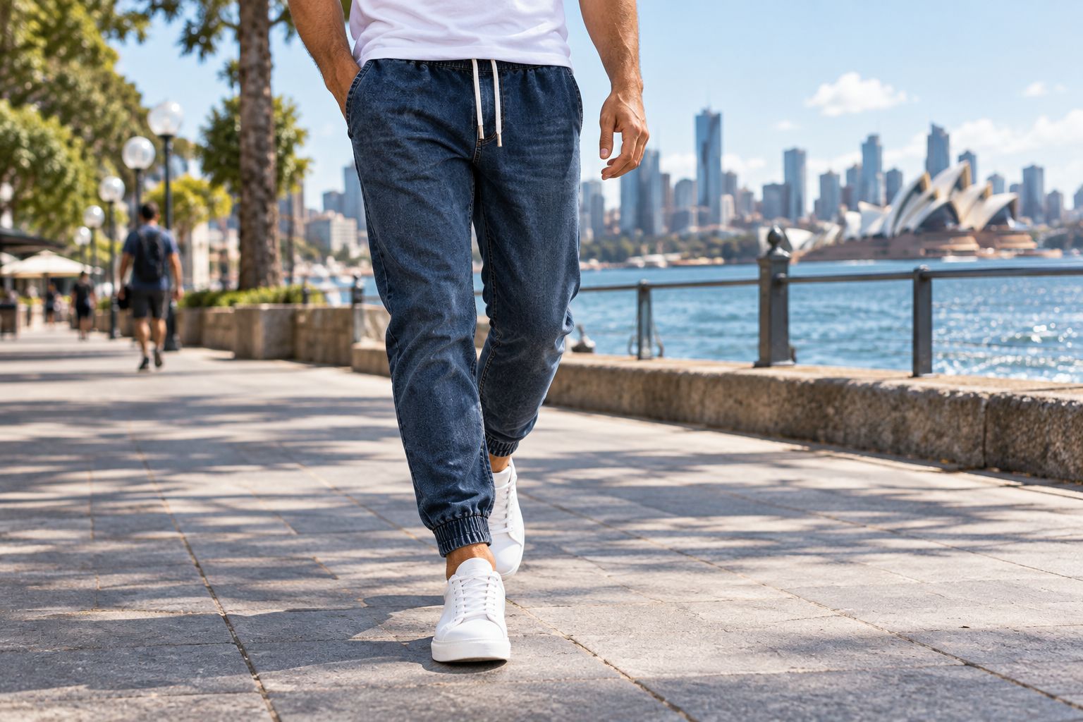Man wearing dark-wash tapered denim joggers with white sneakers on a city footpath