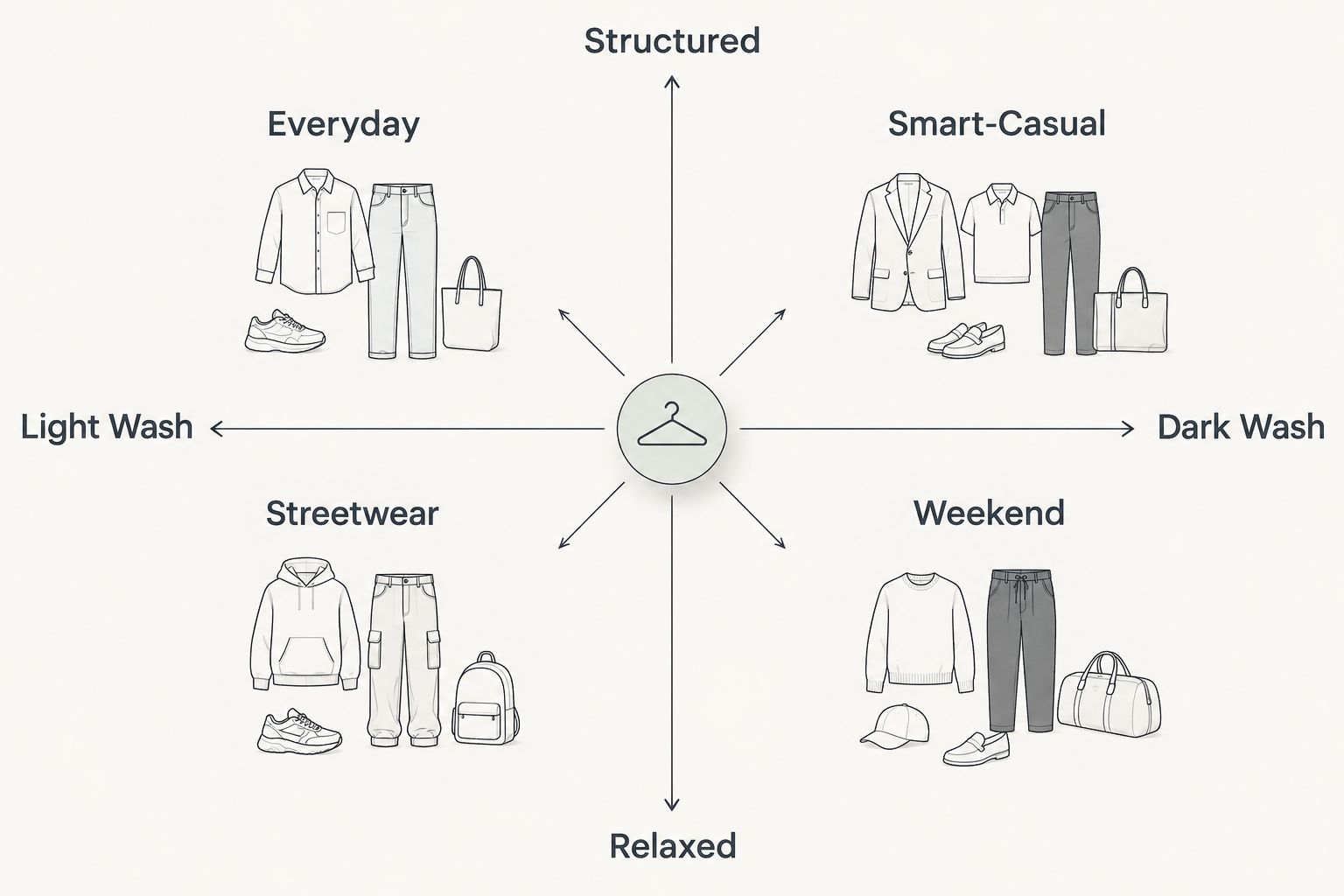2x2 matrix mapping denim jogger fit against wash to show which style suits which occasion