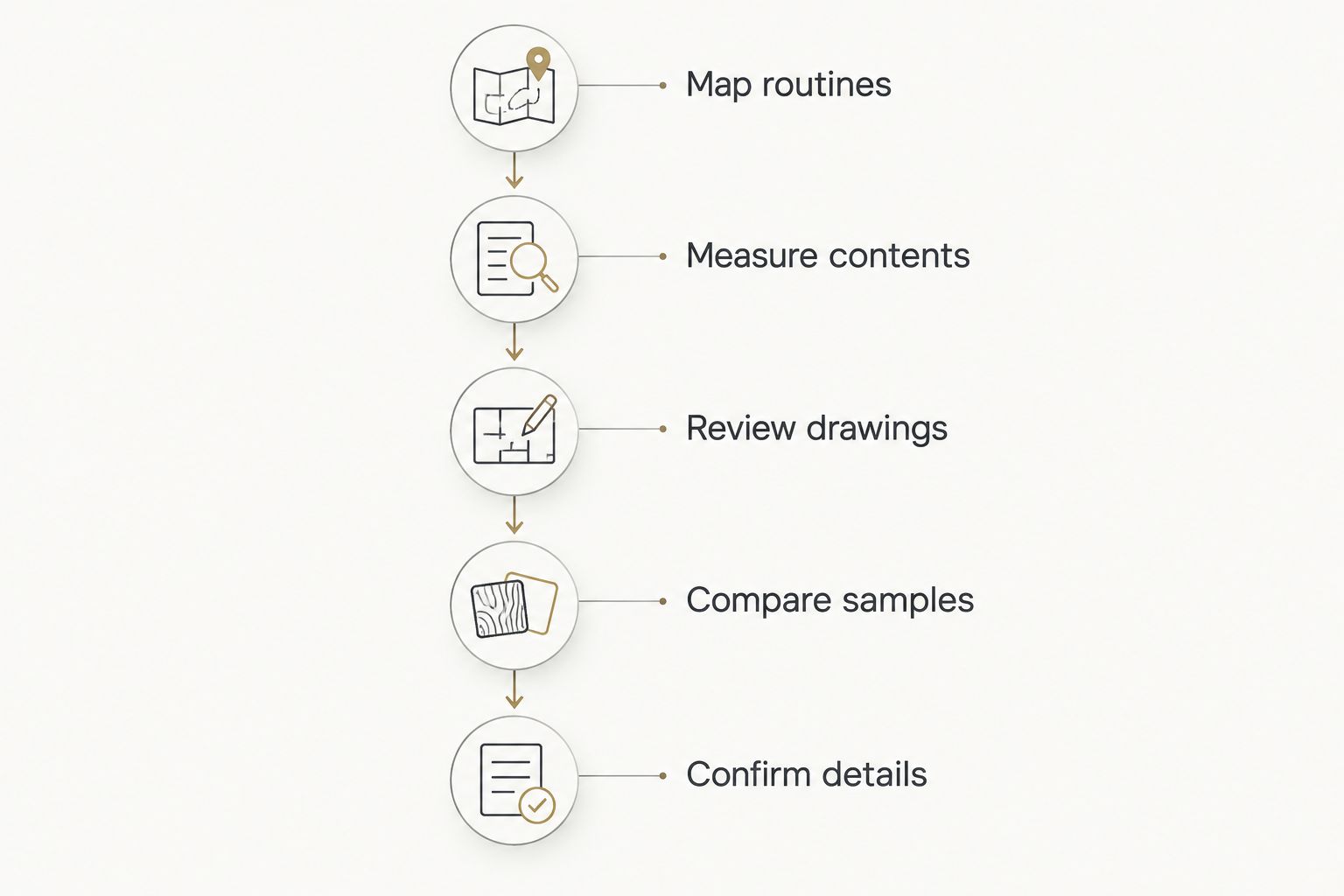 Five cabinetry planning stages from mapping daily routines to confirming details
