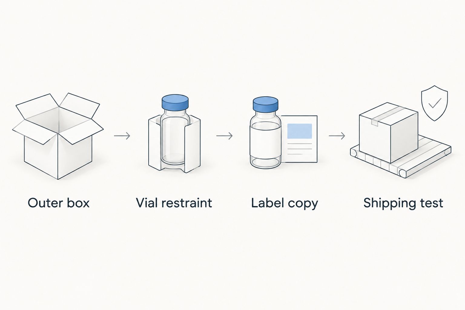 Packaging brief steps from outer box and vial restraint to label copy and shipping test
