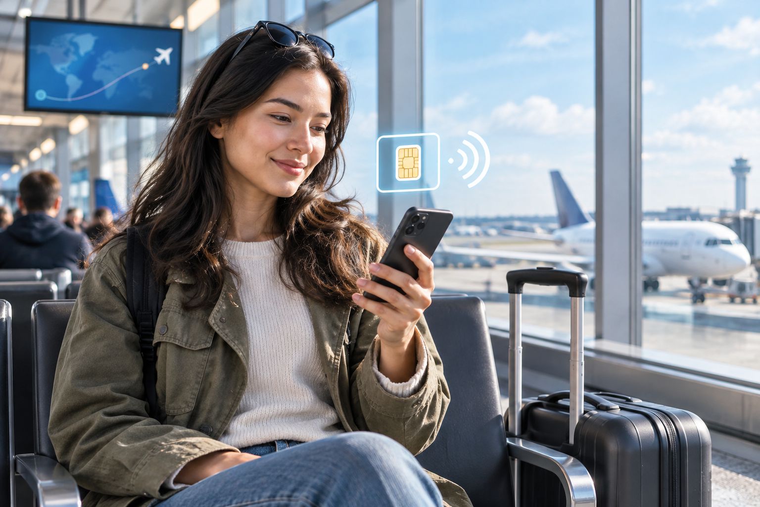 Traveler checking their phone at an airport gate before a flight