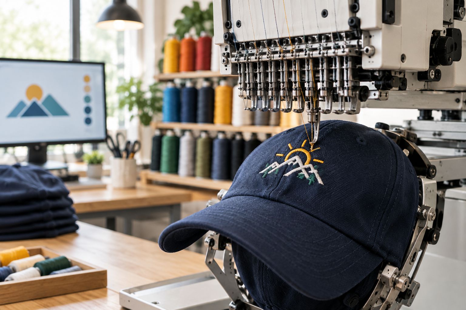 Embroidery machine stitching a logo onto a baseball cap