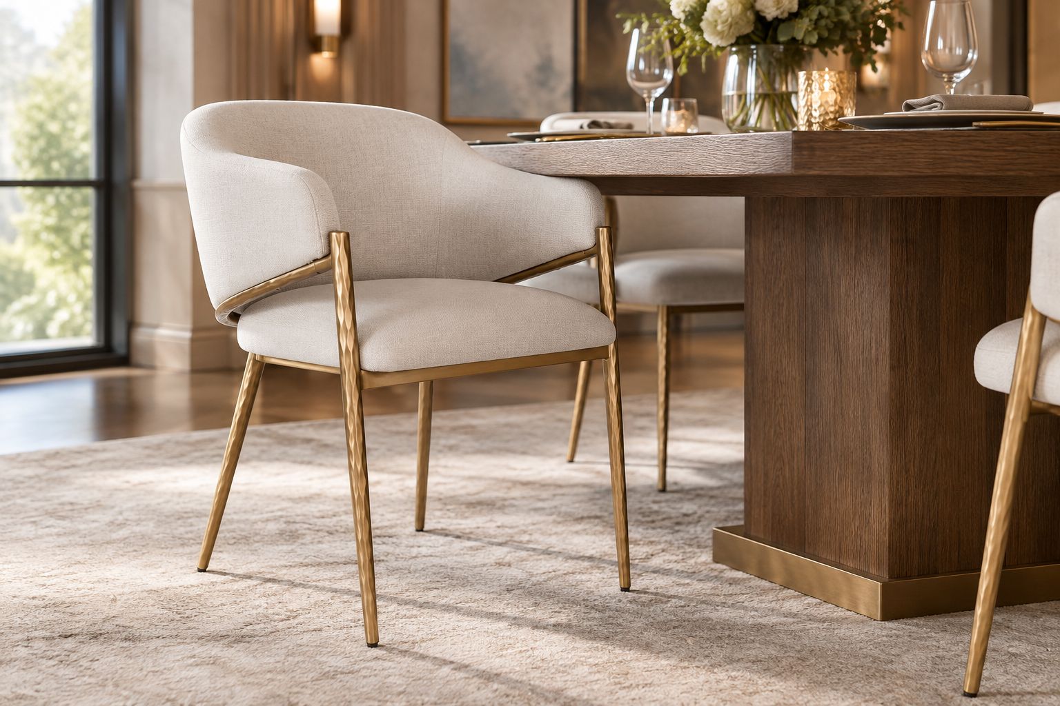 Dining armchair beside a restaurant table showing the relationship between arms and table underside