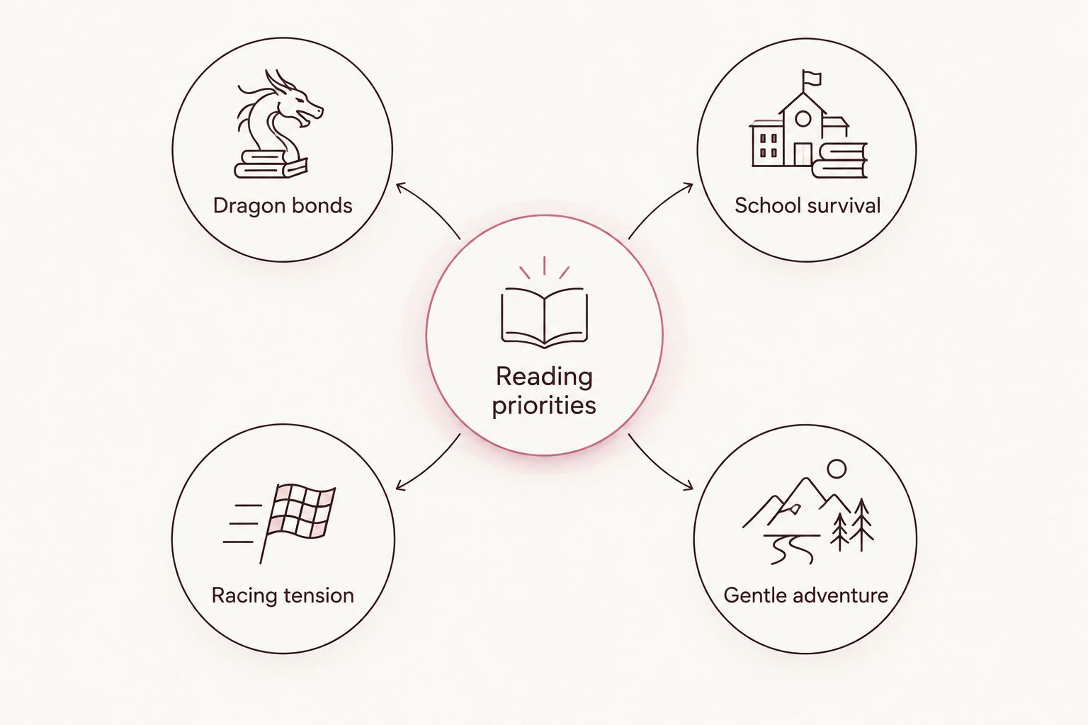 Reading priorities connected to dragon bonds, school survival, racing tension, and gentle adventure