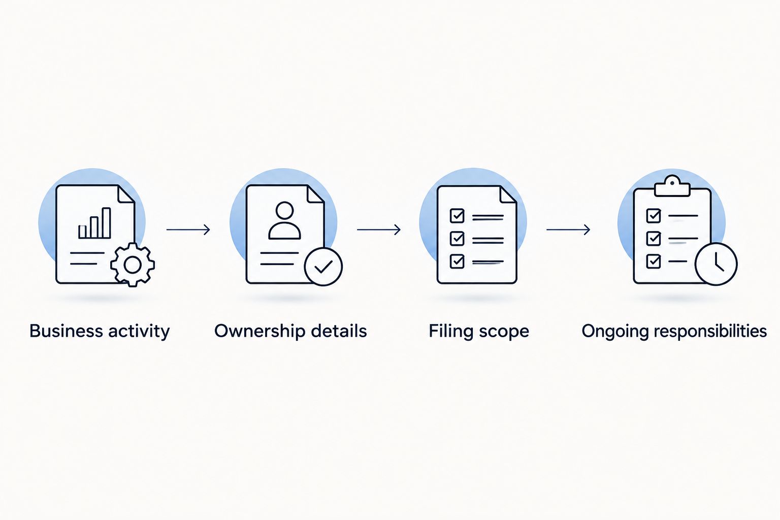 Four preparation steps covering business activity, ownership, filing scope, and ongoing responsibilities
