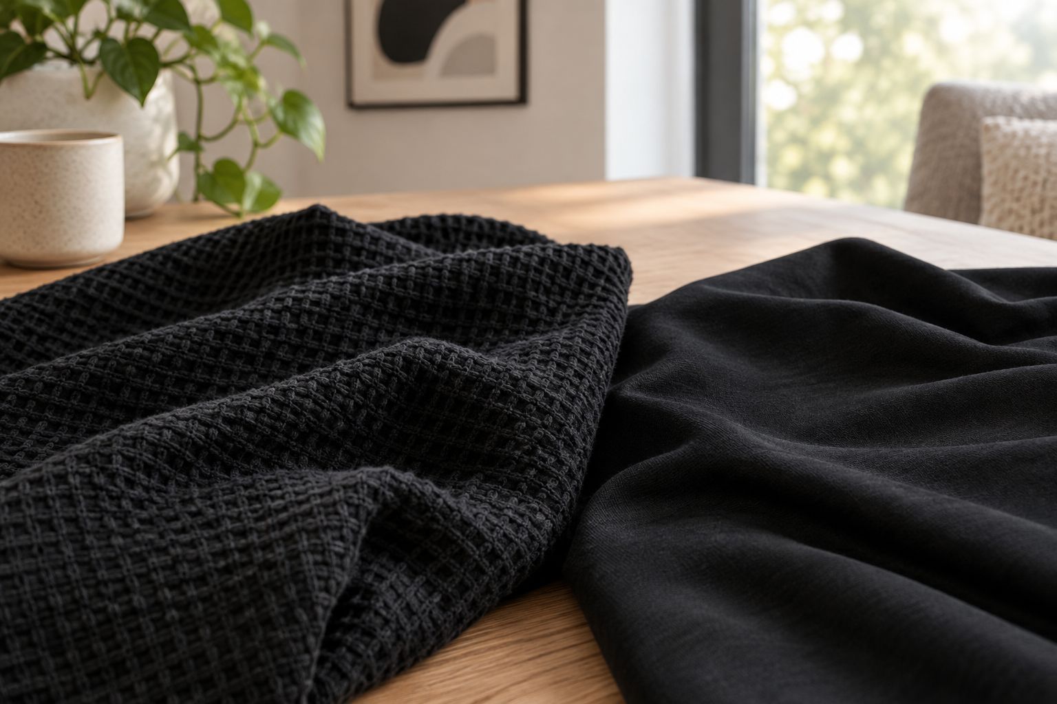 Black waffle-textured fabric beside smooth black jersey fabric