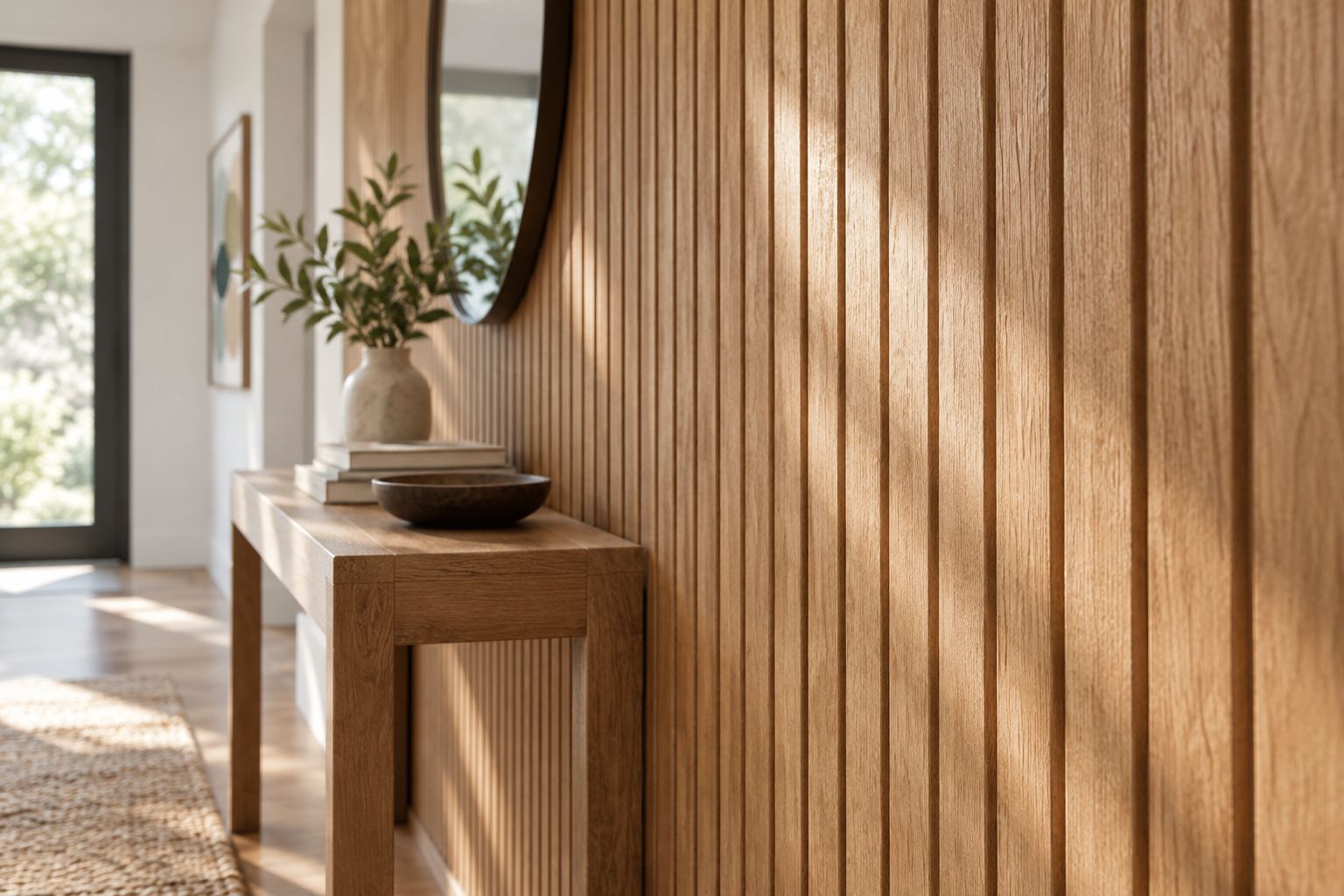 Side light reveals grooves and raised details on a textured solid wood hallway wall