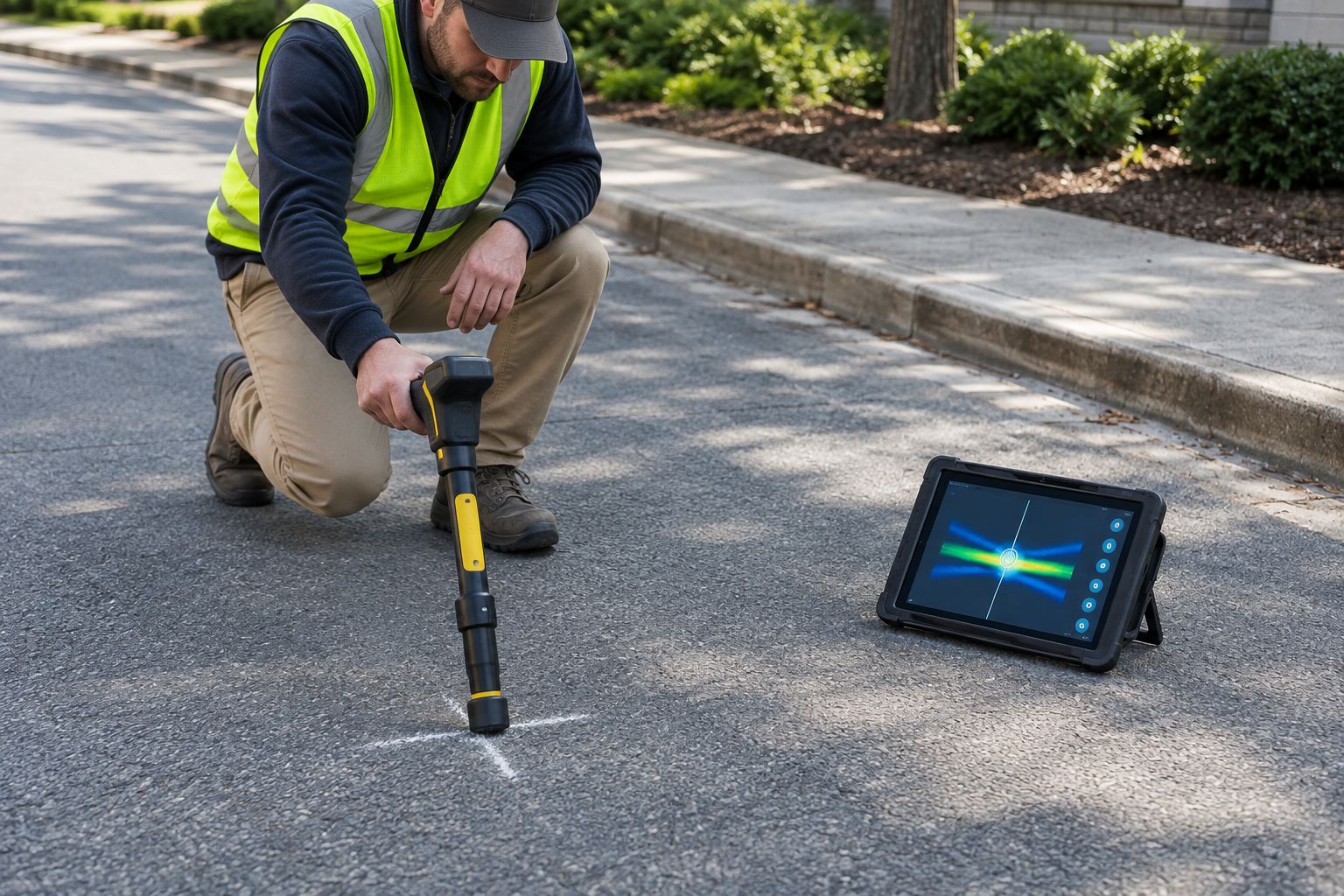 Technician using a handheld locate wand to mark a spot on pavement