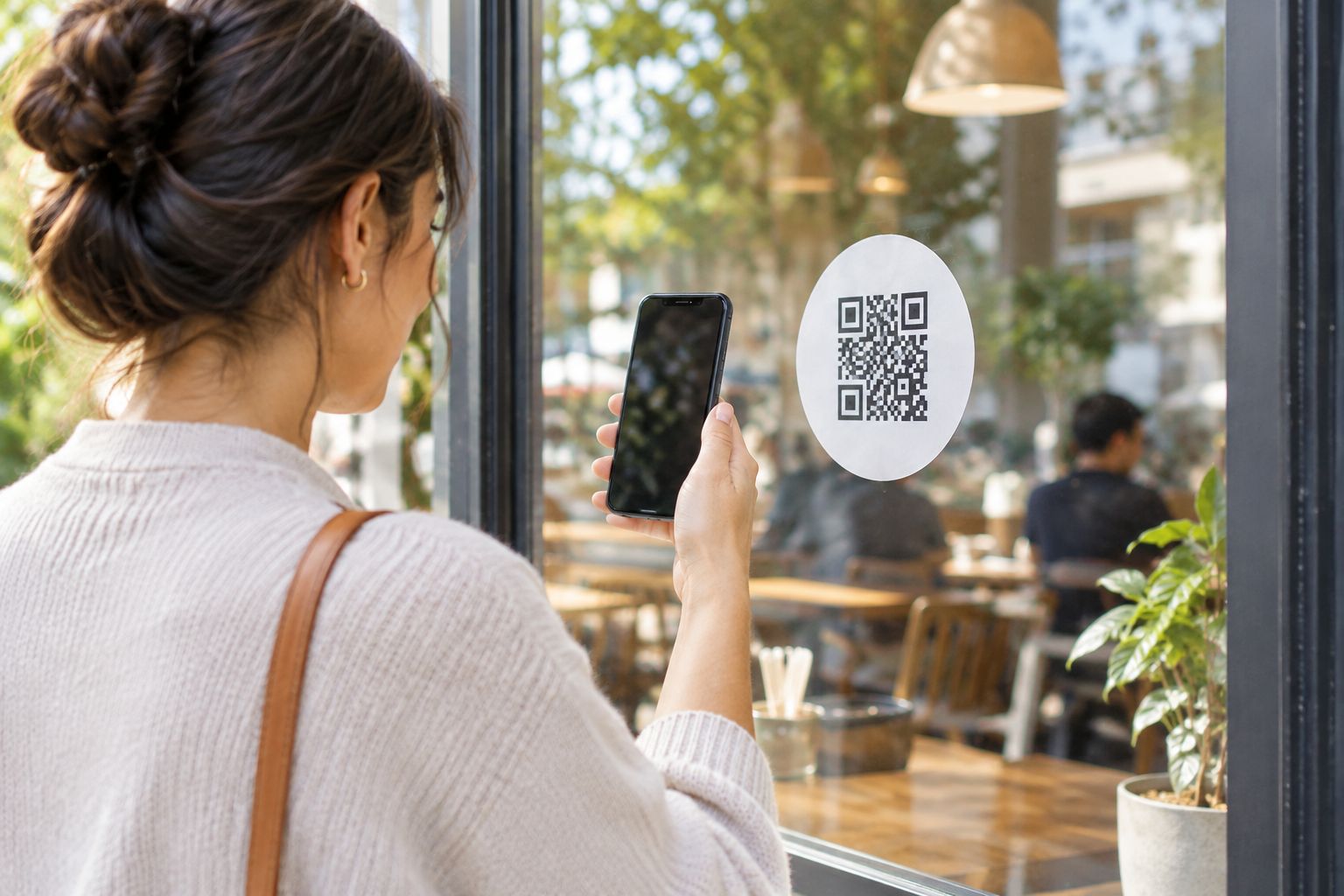 A paper QR-code proof being tested on a café window before decal production