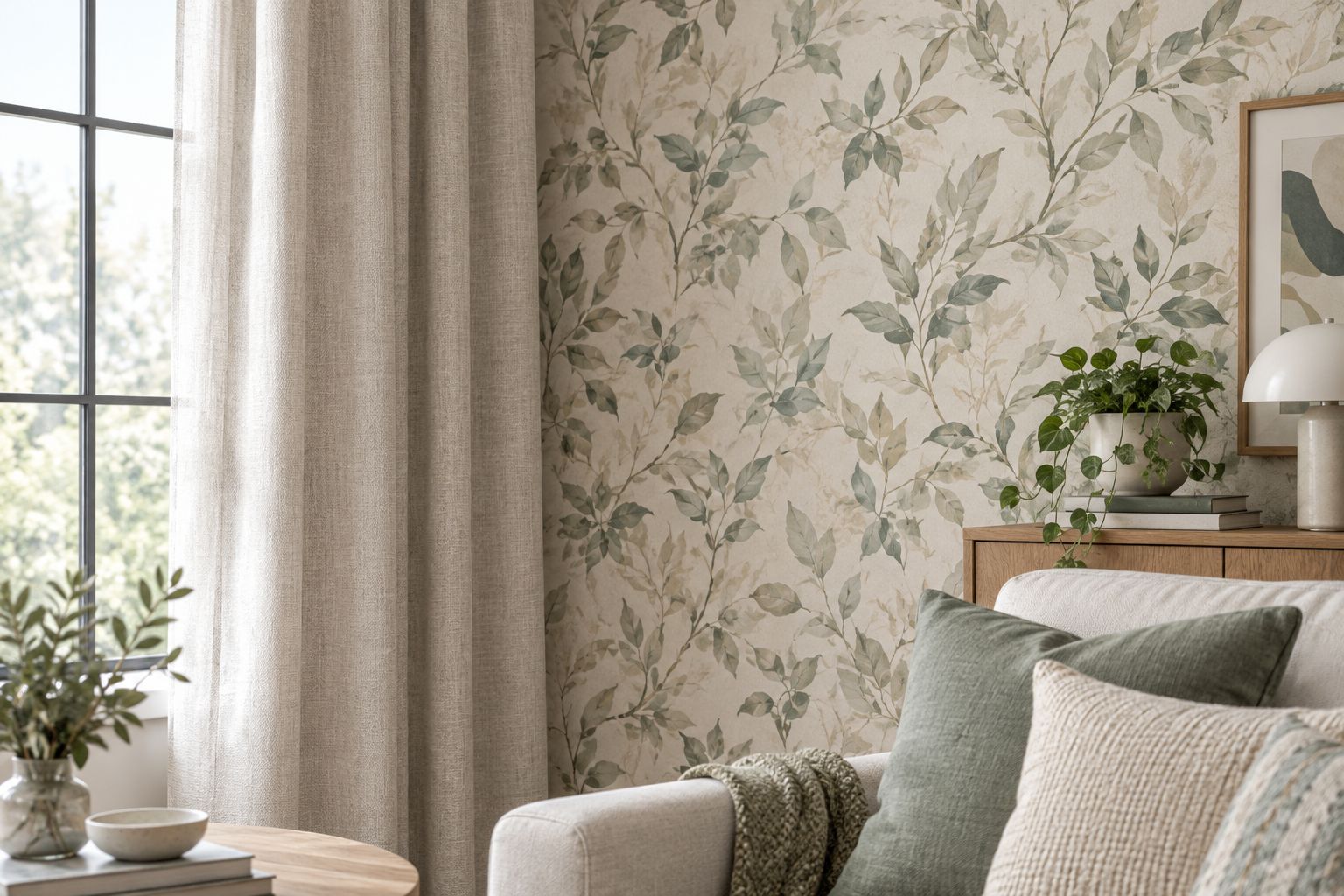Softly patterned wallpaper beside plain textured curtains in a living room