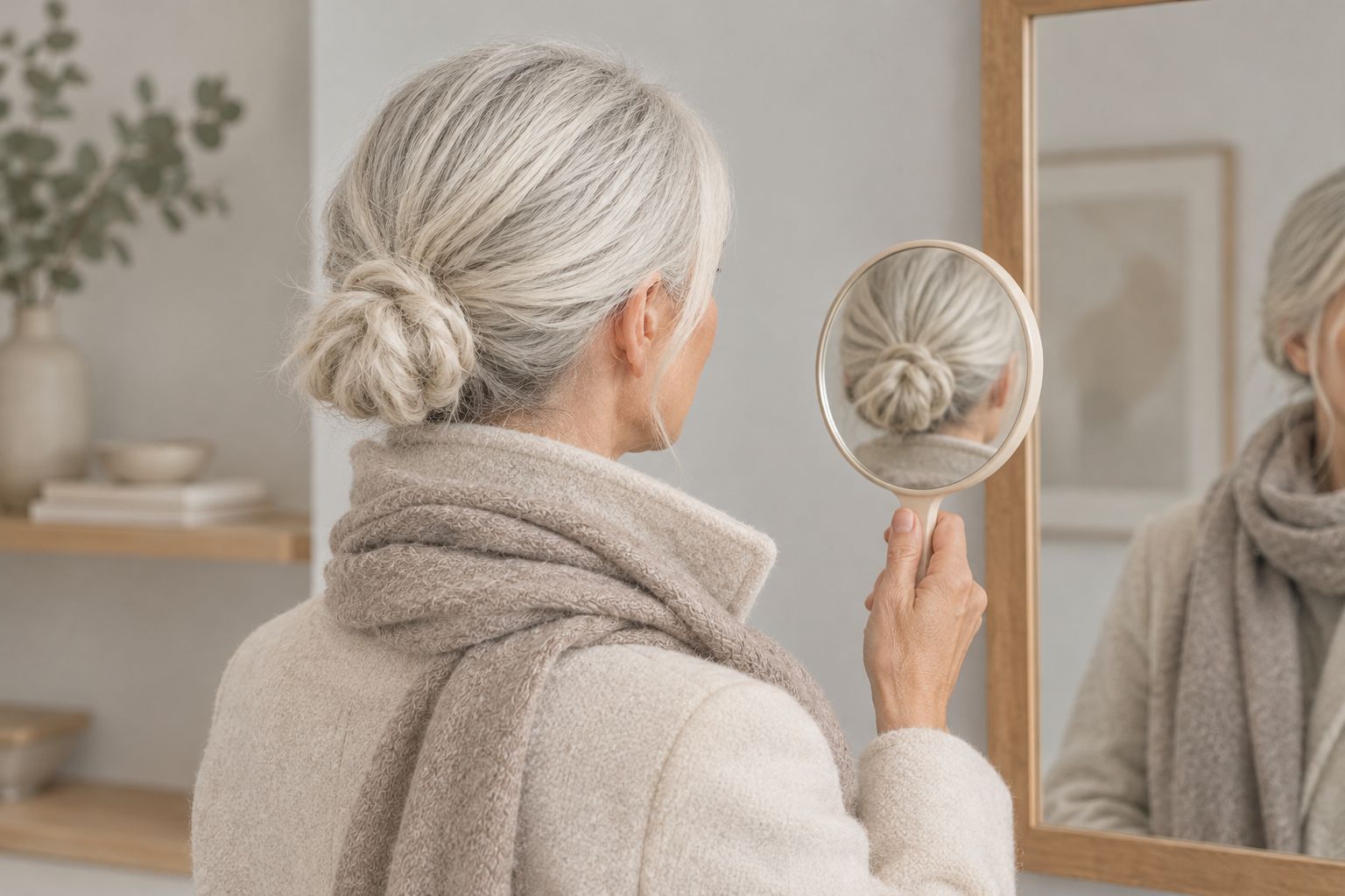 Woman checking the space between a low bun and her coat collar with two mirrors