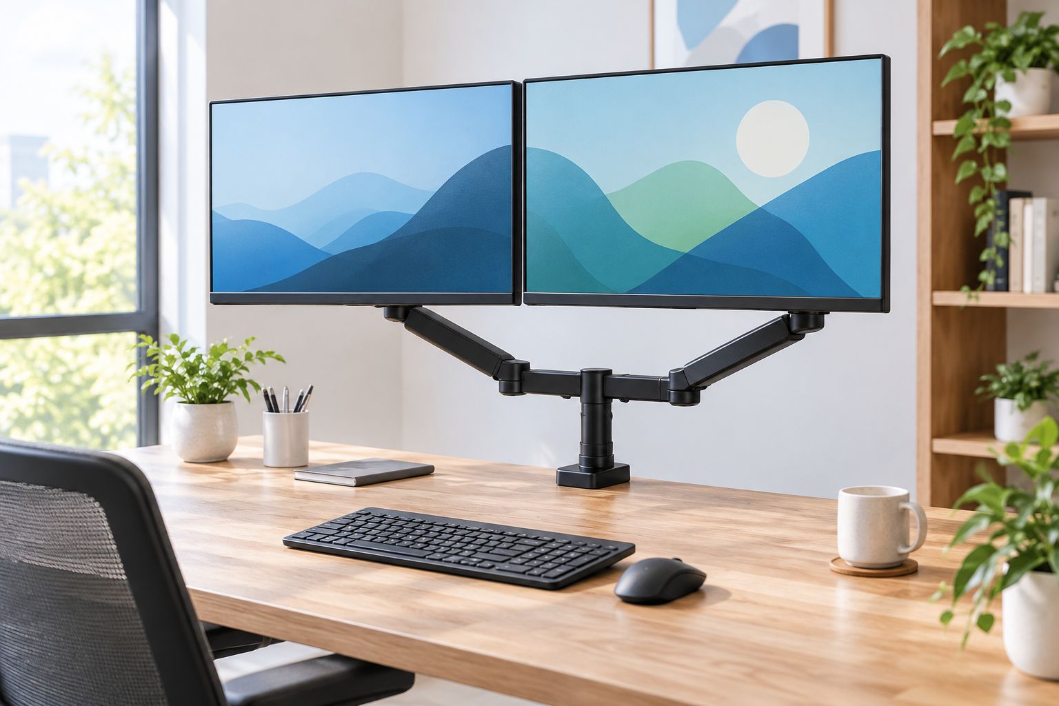 Two monitors mounted on a dual-monitor crossbar arm at an office desk