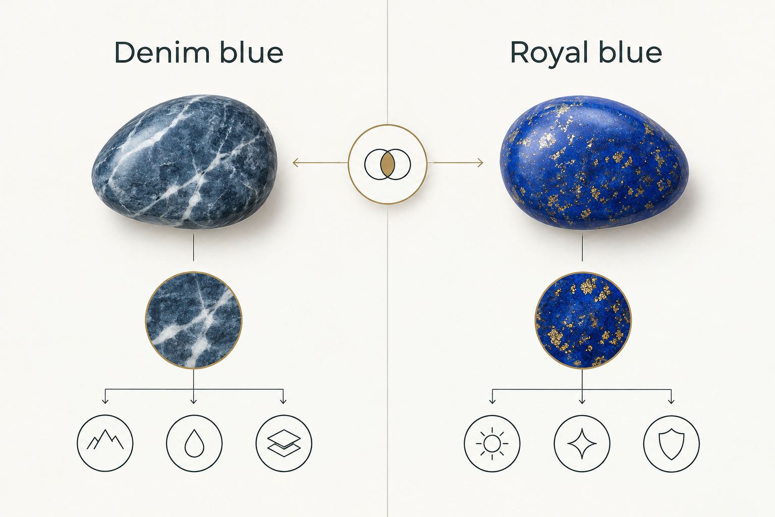 Two-column visual comparison of sodalite veining and lapis lazuli color and flecks