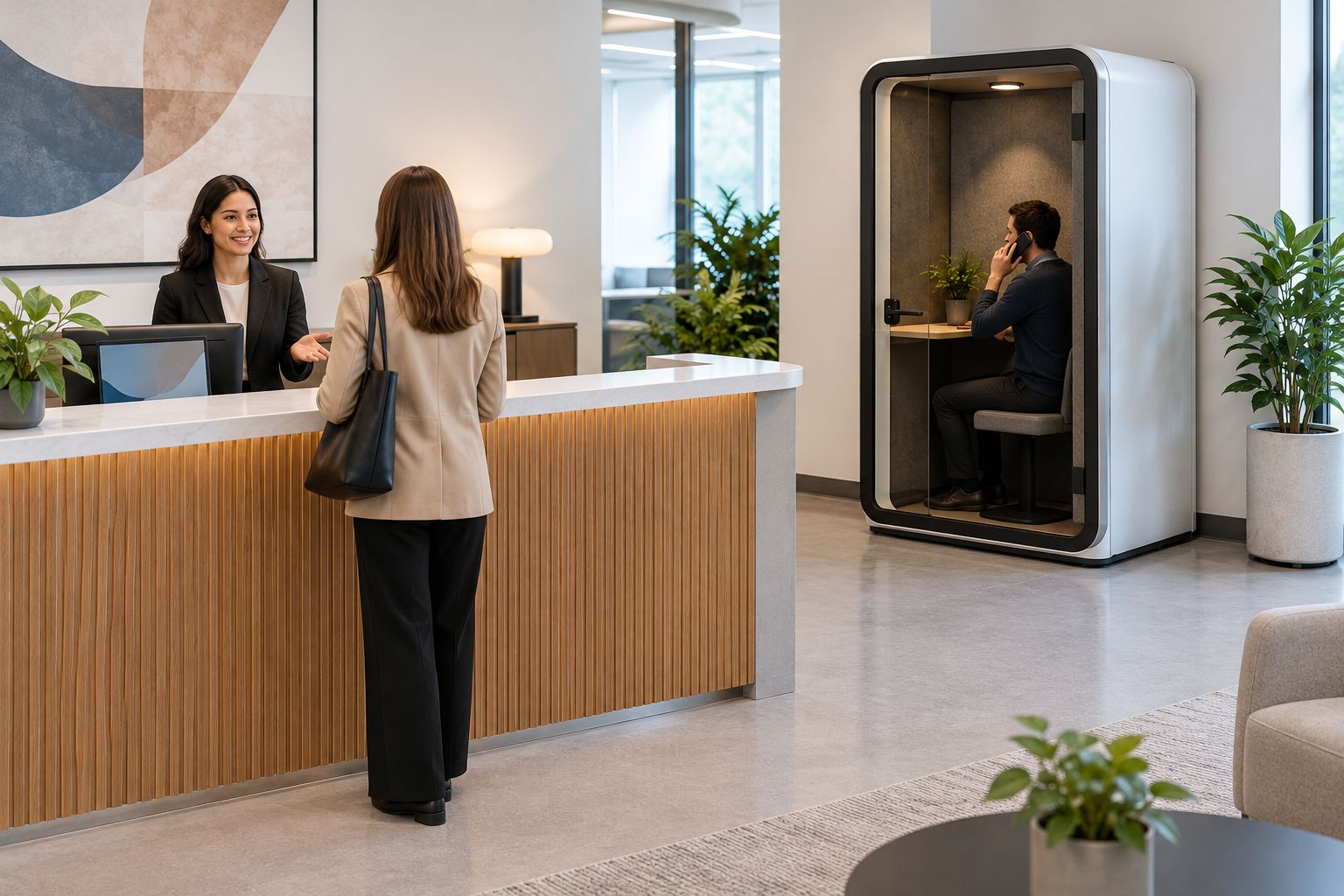 A receptionist takes a call in an enclosed booth while a colleague covers the front desk.