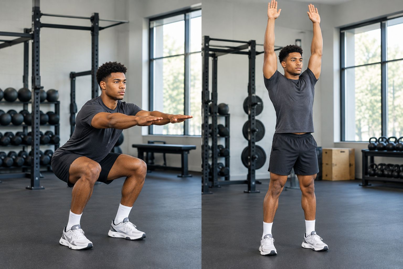 An athlete checking shirt coverage and trouser movement during a squat and overhead reach.