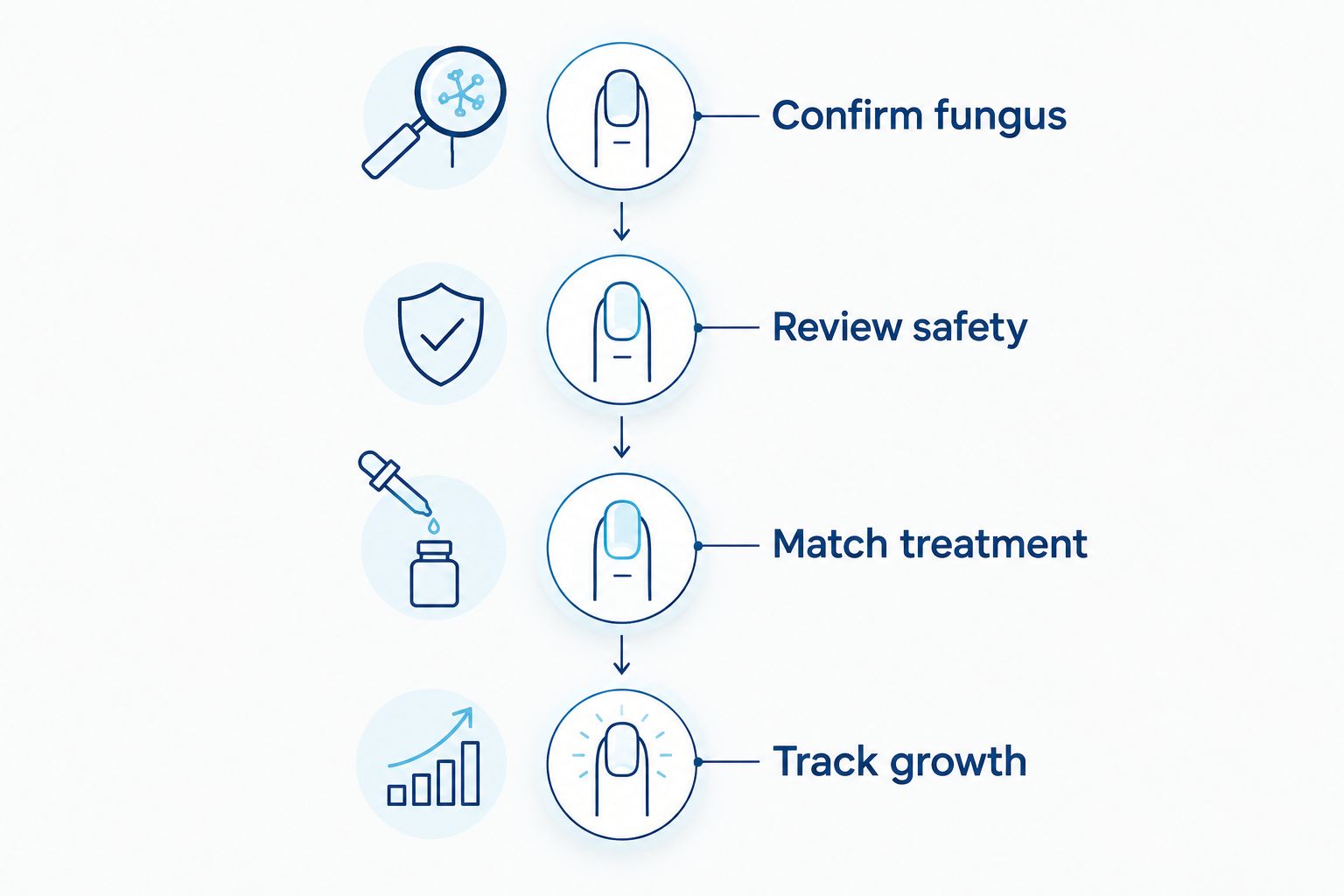 Four treatment decisions: confirm fungus, review safety, match treatment, and track new nail growth.