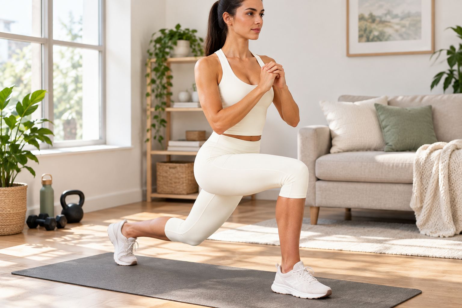 Woman wearing the V-Neck Tank Top and Leggings Set during a home workout