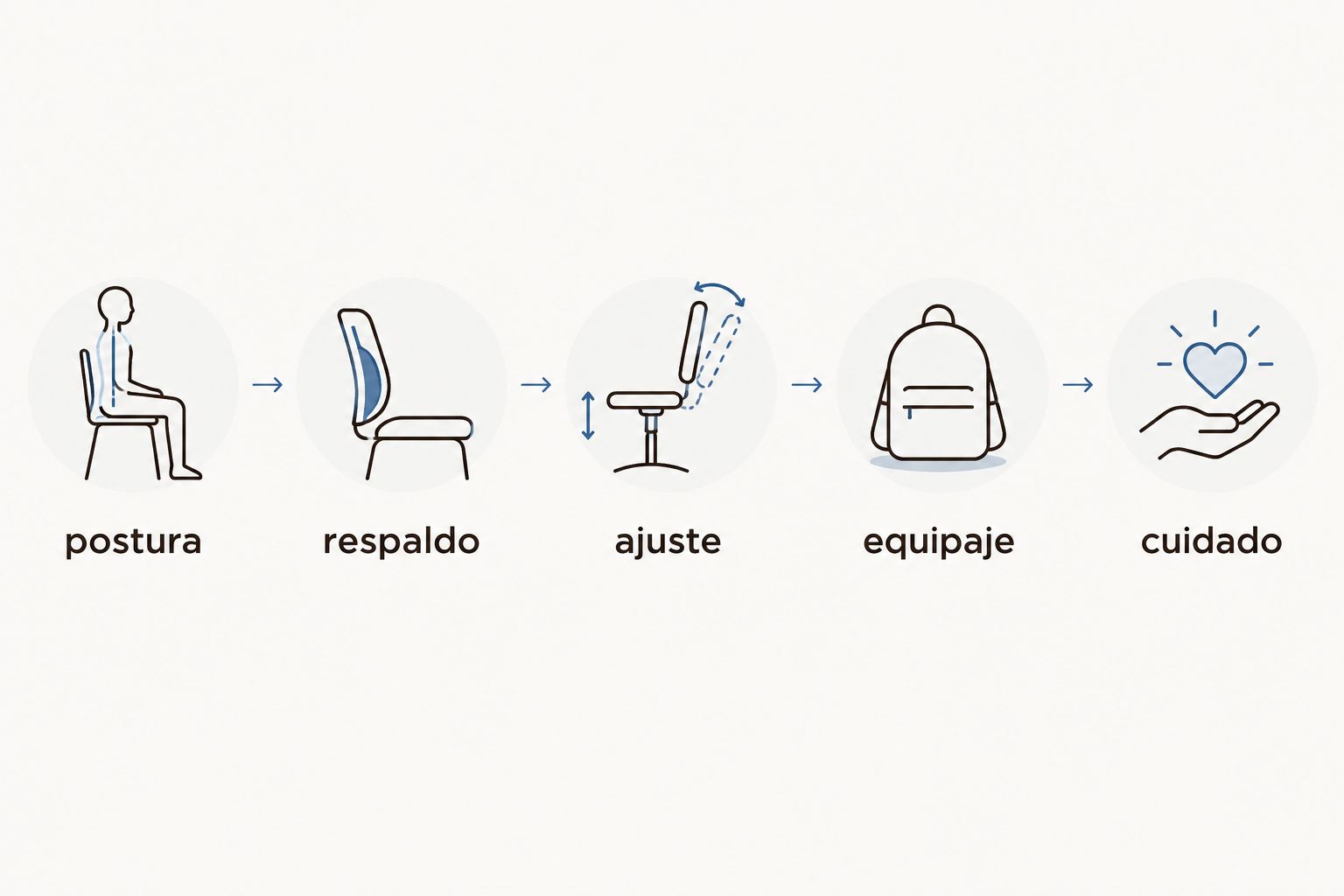 Secuencia para elegir: postura, respaldo, ajuste, equipaje y cuidado.