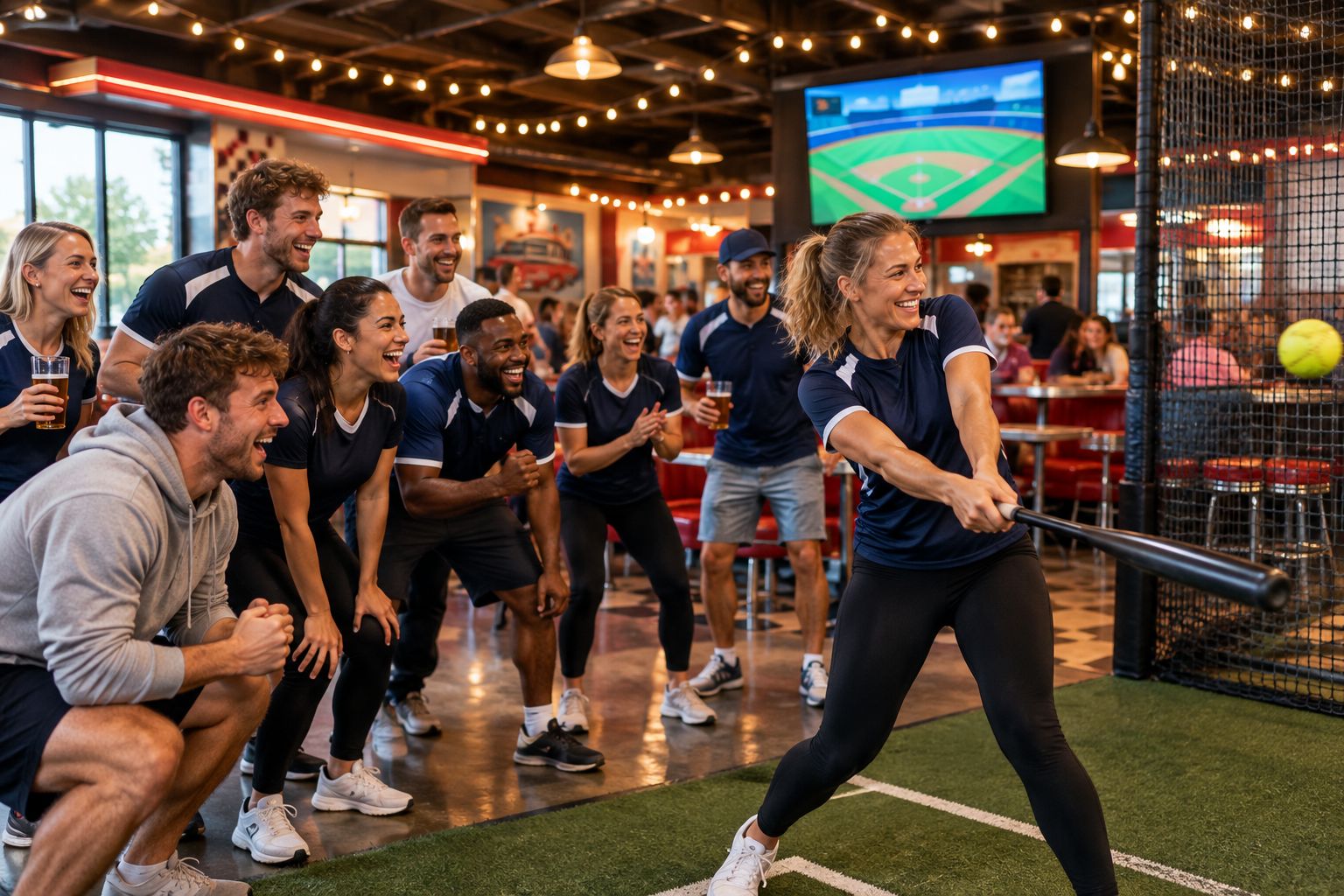 Rugby club squad competing at an indoor batting cage during a social night