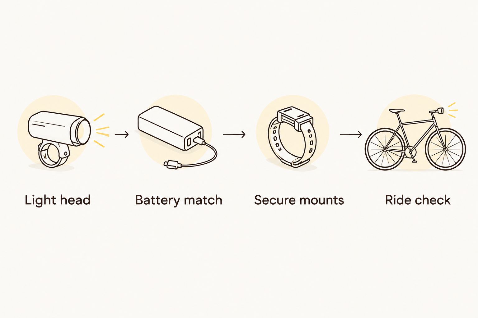 Four checks connecting the light head, battery match, secure mounts and final ride check.