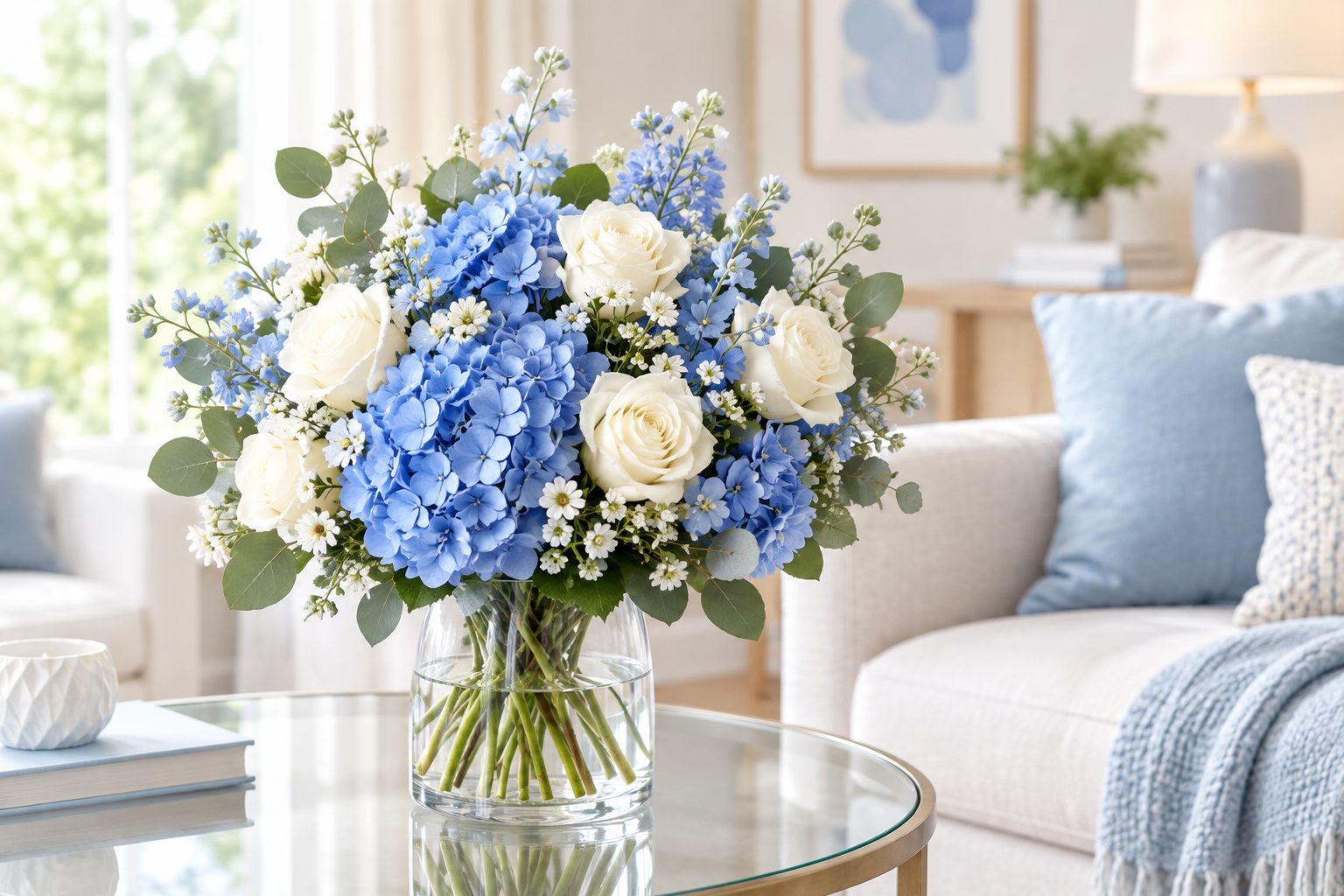 Blue hydrangeas and white roses displayed in a vase on a clear living-room side table