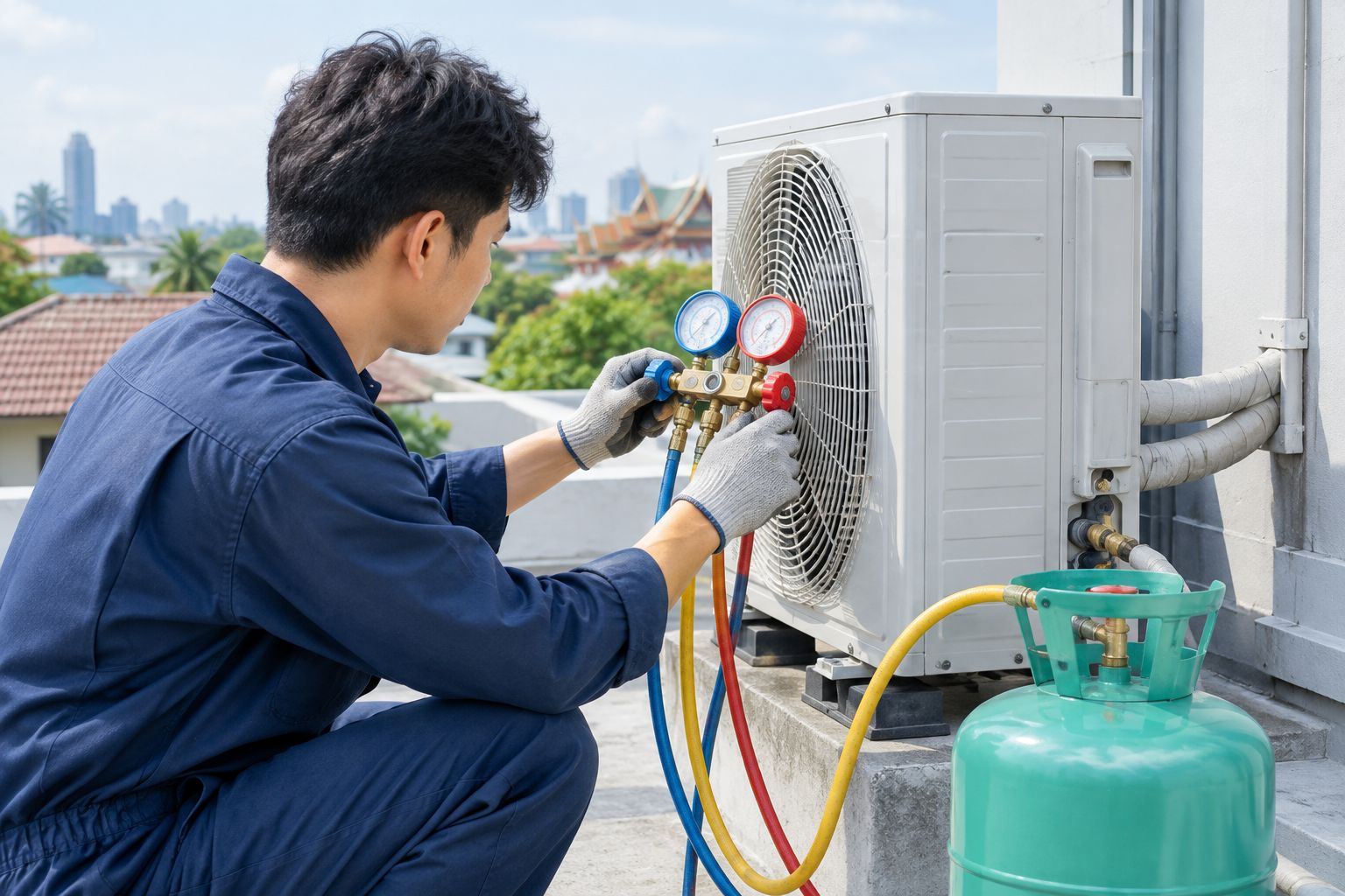 Technician checking refrigerant pressure on an outdoor aircon condenser unit